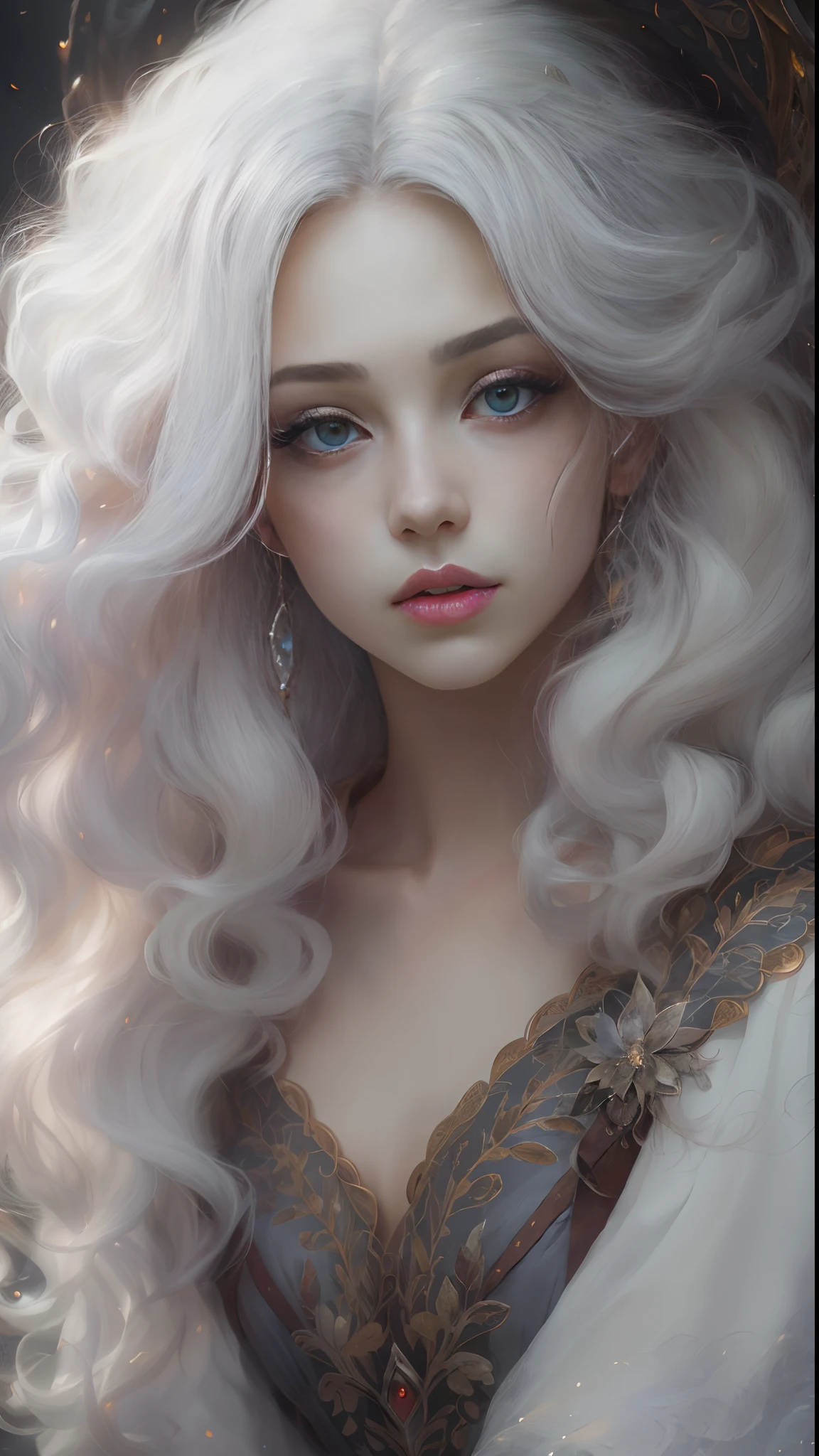 (best quality,4k,8k,highres,masterpiece:1.2),ultra-detailed,realistic(face,eyes,nose,lips),portrait,white hair,white mask,fine art,beautiful detailed eyes,beautiful detailed lips,detailed expression,ethereal beauty,enchanted pose,subtle lighting,dreamy atmosphere,dark background,expressive brushstrokes,mystical ambiance,artistic interpretation,Awesome Ghibli style costume,Whithead animesque illustration,subtle colors and tones,mysterious aura,old witch vibes