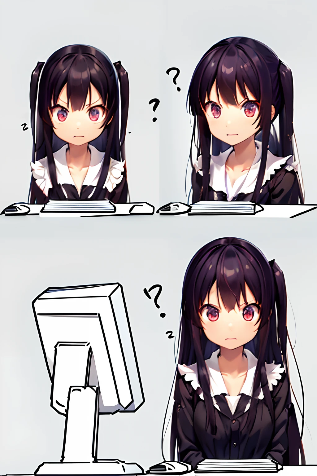 irate、I'm angry、Highly detailed, High quality, masutepiece, Beautiful, 2 frames of a girl sitting confused in front of a computer, kafka, Purple eyes, Jacket,