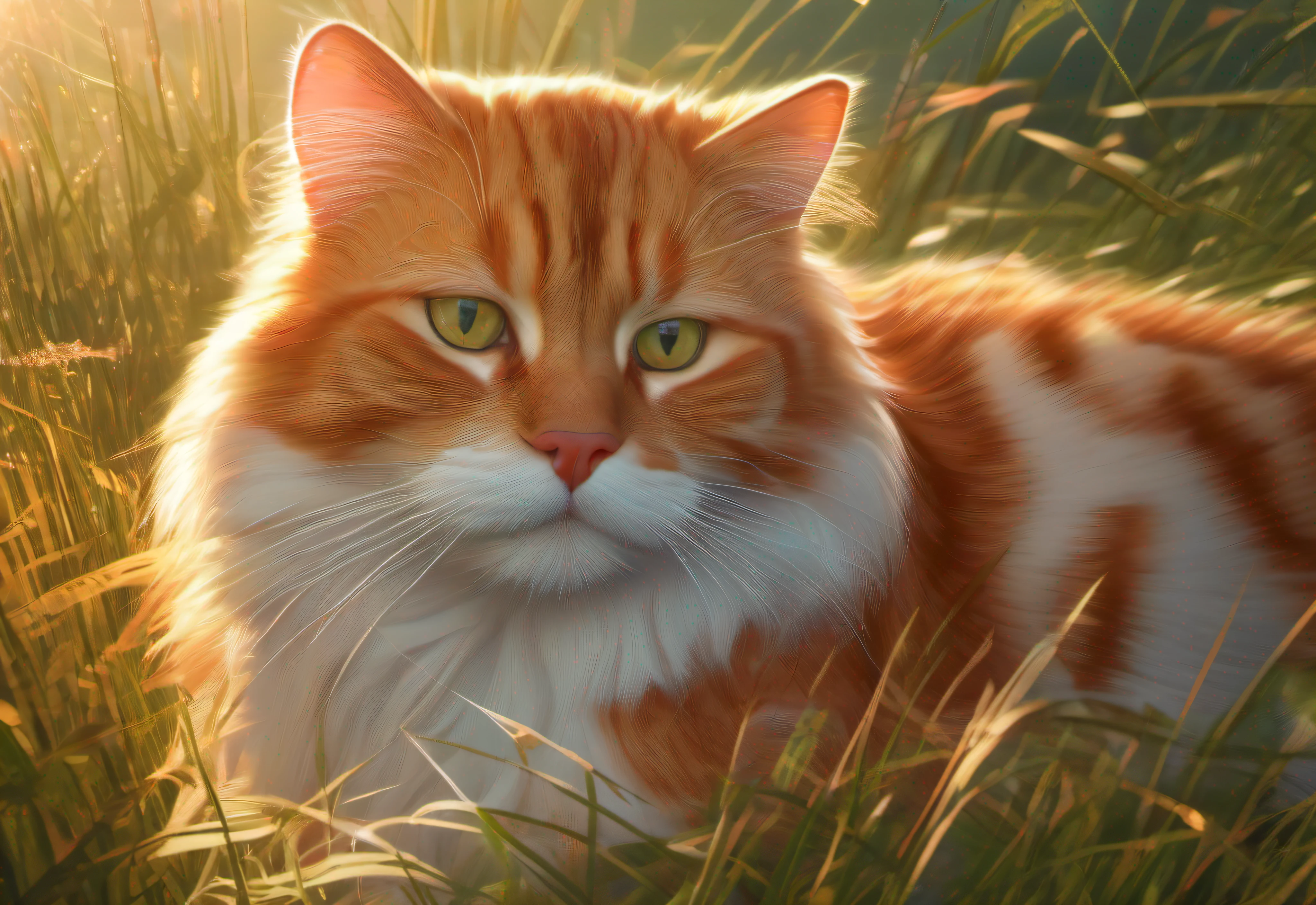 A big wild cat, fluffy kawaii red and white tabby, in the grass, golden hour, digital art, highly detailed