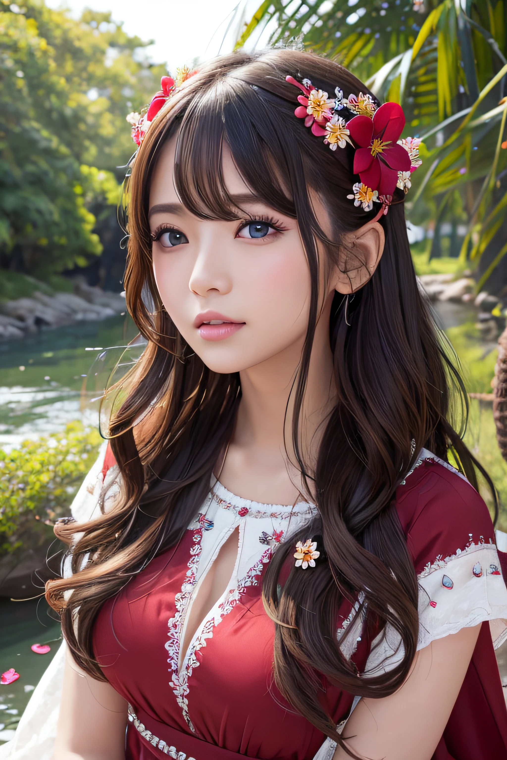 One girl walking on the river、Mix 4、Sweaters、PILLOWS、s lips、Opening Mouth、Slim body、Medium udder、realisitic、a picture_\(Curly\)、独奏、(masterpiece)、(Photorealsitic:1.3)、ultra-detailliert、(high detal)The skin:1.2)、(top-quality:1.0)、(超A high resolution:1.0)、(Orchan-6500:0.3)、Wavy detailed hair、length hair、rays of sunshine、(Beautiful detailed makeup)、(sexual excitement、red blush、Rough breathing:1.0) )、Studded flower themed petals、(soft glow bloom:0.5)