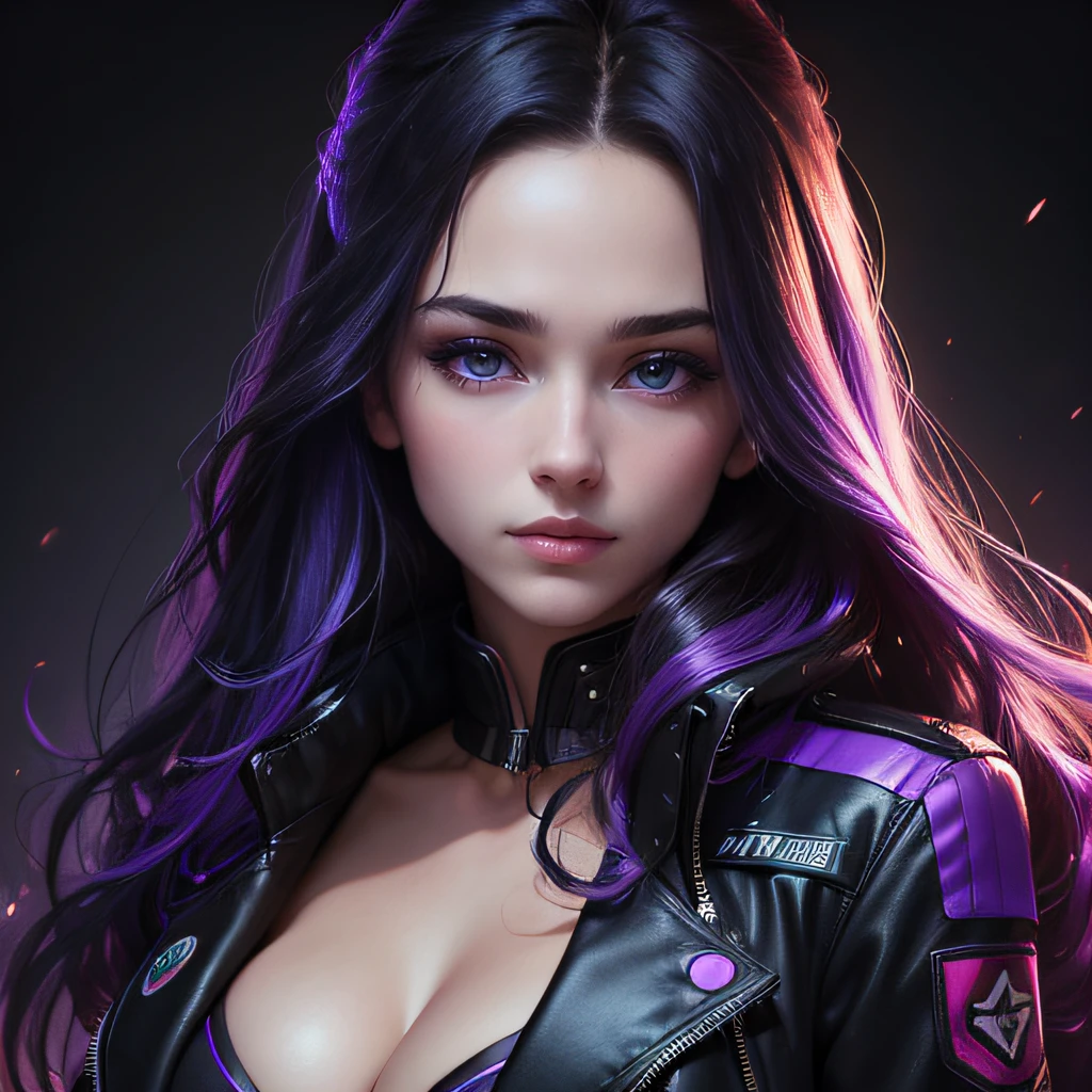 ((masterpiece)), ((realistic)), single portrait of a 25 years old beautiful woman wearing a black military jacket, deep cleavage, long wavy black hair with purple and blue neon highlights and lighting, detailed sensual face, plain black background, purple and blue neon lighting