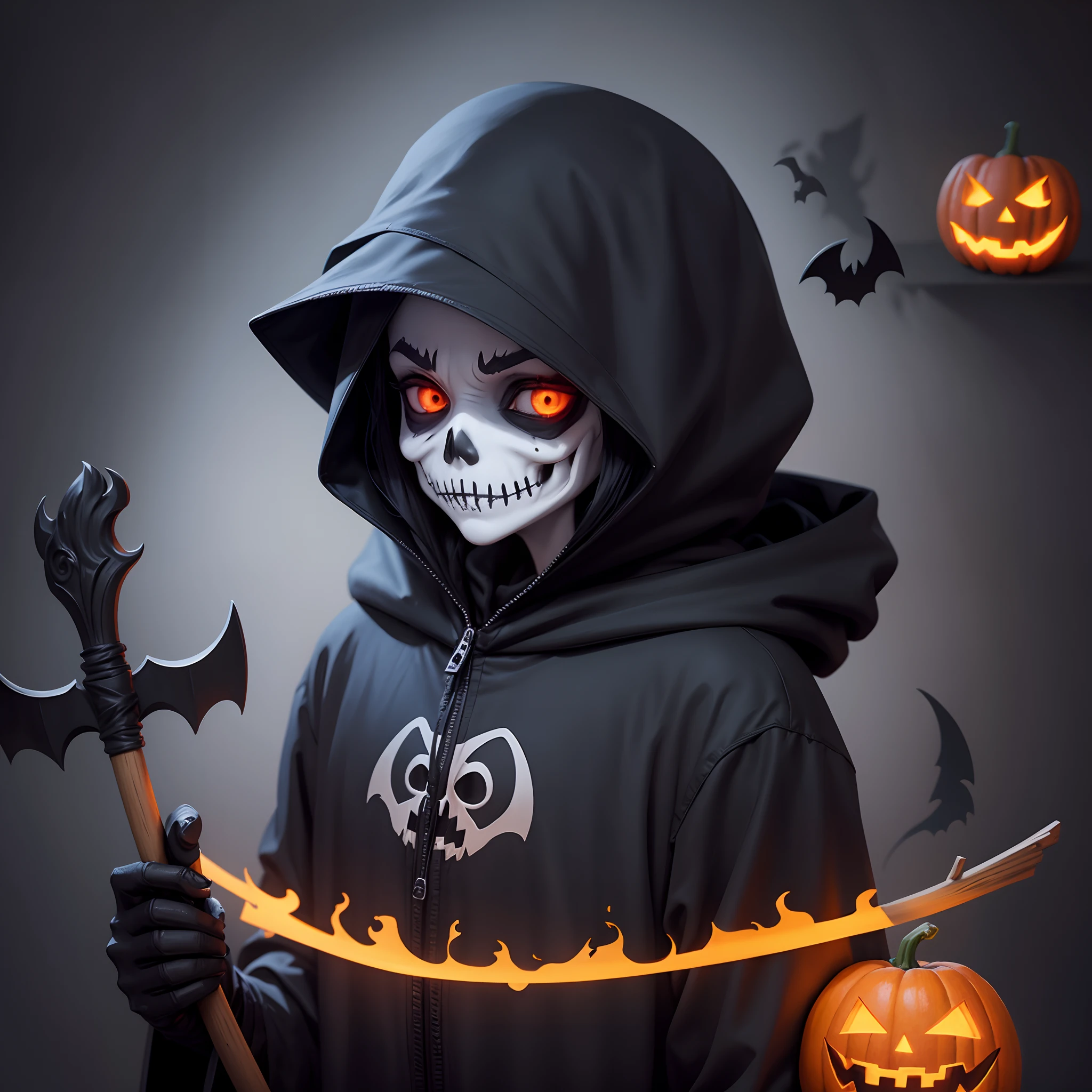 Halloween cartoon, cute grim reaper, cute skeletal face, wearing black dirty torn hood, holding spears, black smoke Halloween background, pumpkin, bats, 4k quality