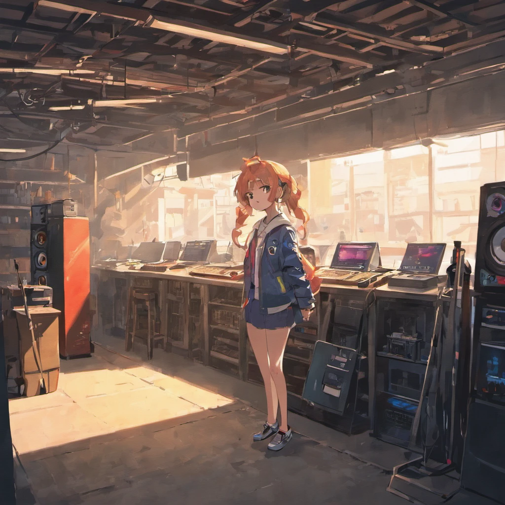 Faraway view、Old garage、head phone、Lots of DJ equipment、Vinyl、Big speakers、vinyl、 Hand painted carton style, Clean Vector Digital Stickers,White background.