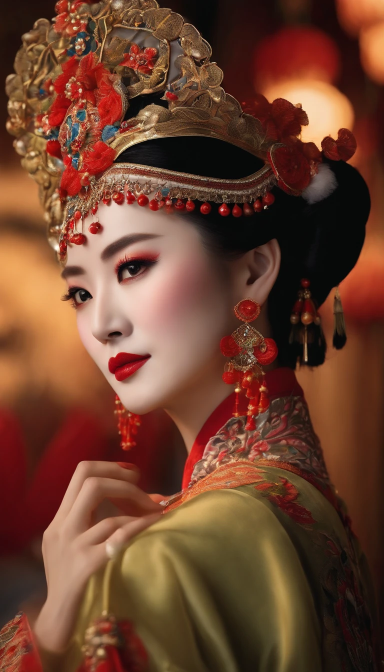 (High-res, 4K, Masterpiece:1.2),Ultra-detailed,(Realistic,photo-realistic:1.37),Traditional Chinese opera,(beijing opera),Lady,Exquisite makeup,vibrant clothing,captivating expression,Colorful headdress,Detailed Embroidery,beautiful eyes and lips,Exquisite traditional jewelry,Delicate brushstrokes,Impeccable lighting effects,Vibrant colors,A well-designed stage,Set against a magnificent backdrop,Pay attention to every intricate detail,An artistic interpretation of the essence of the character,Show the beauty of traditional Chinese culture,An exemplary blend of tradition and art