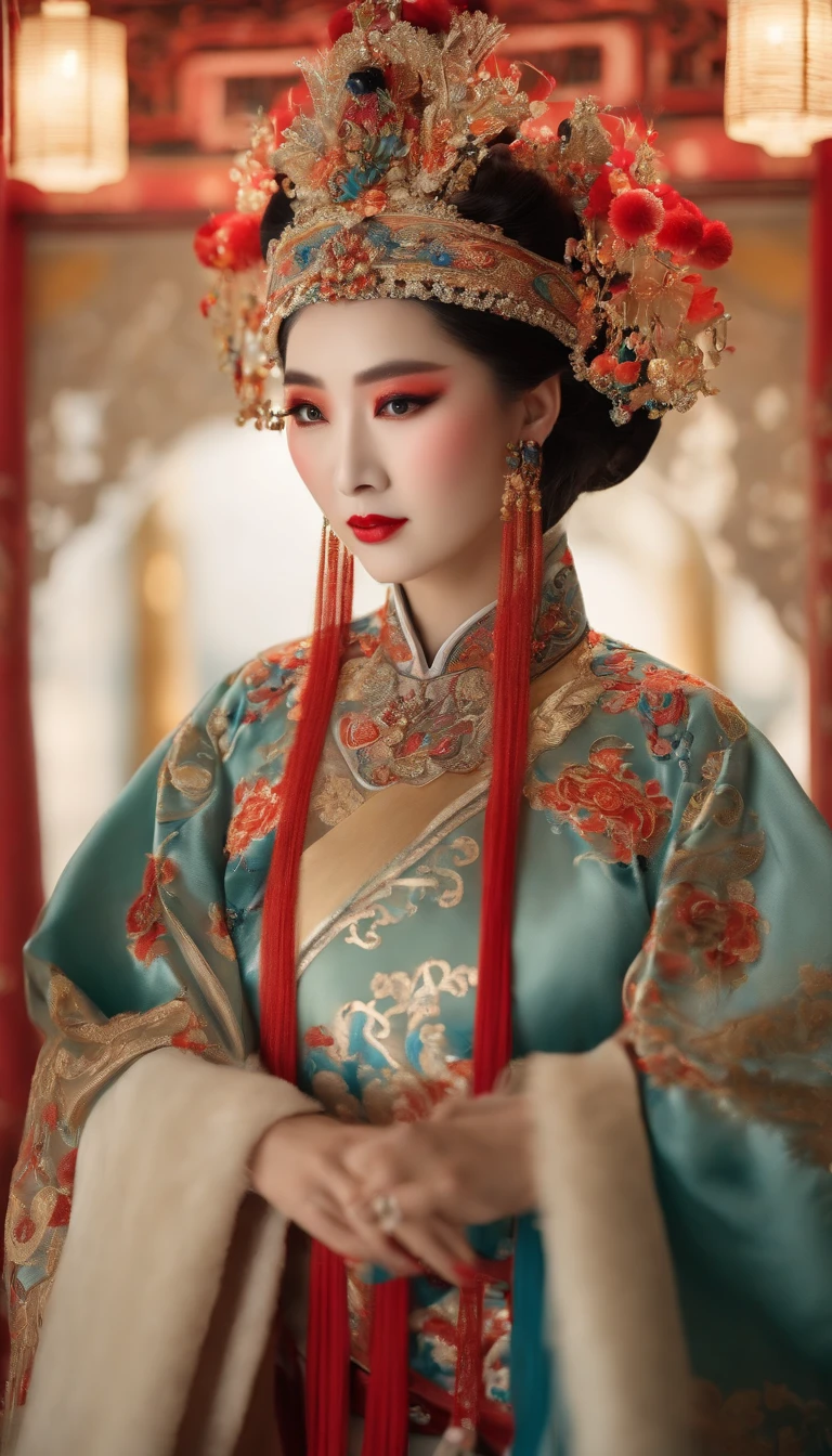 (High-res, 4K, Masterpiece:1.2),Ultra-detailed,(Realistic,photo-realistic:1.37),Traditional Chinese opera,(beijing opera),Lady,Exquisite makeup,vibrant clothing,captivating expression,Colorful headdress,Detailed Embroidery,beautiful eyes and lips,Exquisite traditional jewelry,Delicate brushstrokes,Impeccable lighting effects,Vibrant colors,A well-designed stage,Set against a magnificent backdrop,Pay attention to every intricate detail,An artistic interpretation of the essence of the character,Show the beauty of traditional Chinese culture,An exemplary blend of tradition and art