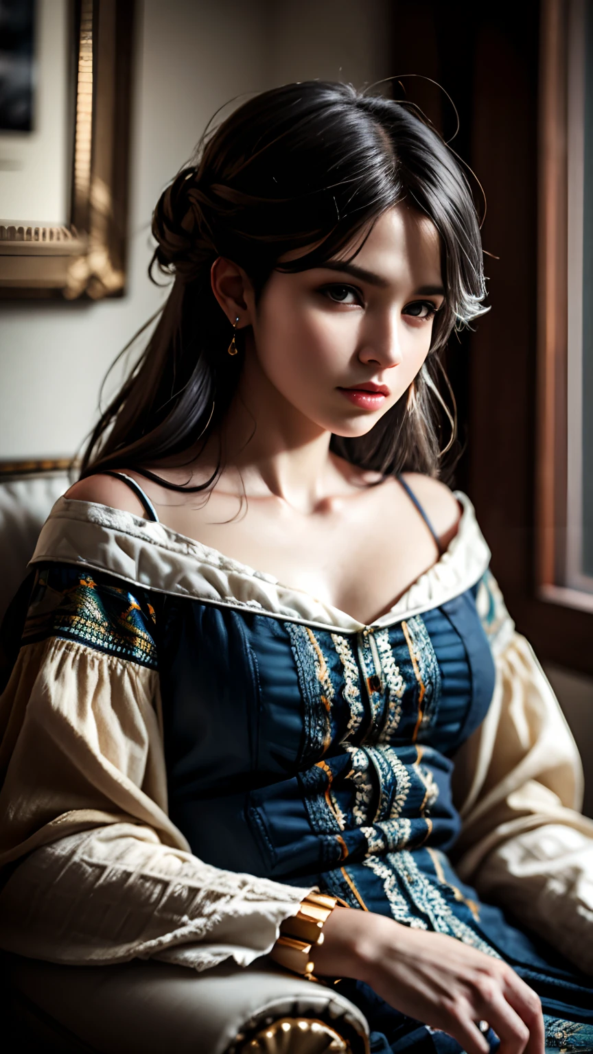retrato da forma mais bonita do caos, clothes up to the neck, mulher celtaelegante, cabelos pretos, rosto de lado, cores vivas, trending on ArtStation. 8 mil obras-primas., (Estilo Alphonse Mucha:1.2), 3D-rendering, ....cgi, symmetr, octan render, 35 mm, Bokeh, 9:16, (detalhes intrincados:1.12), HDR, (detalhes intrincados, hiperdetalhado:1.15), (textura natural da pele, hiper-realismo, luz suave, Sharp:1.5), NSFW, serious face