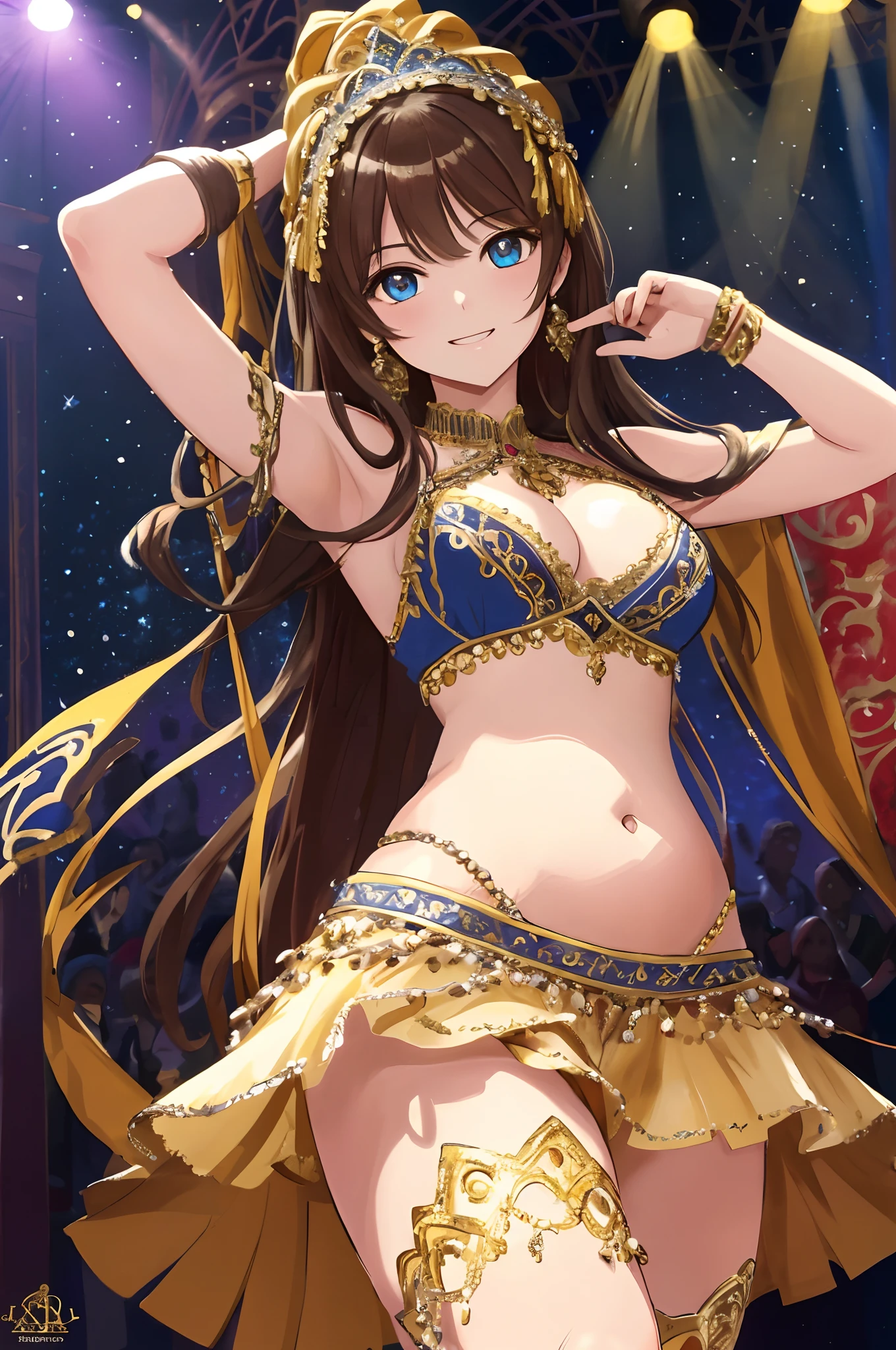 Top quality, Best quality, High-quality illustrations, Masterpiece, Super high resolution, Detailed background, Detailed background, Belly dancer, Lax Schalch, Stage, spotlight, group picture:0.2, 6+Boys, 6+Girls, cheerfulness, Joyful, absurderes(Highly detailed beautiful face and eyes)Perfect anatomy(komono)self-shot:0.1,