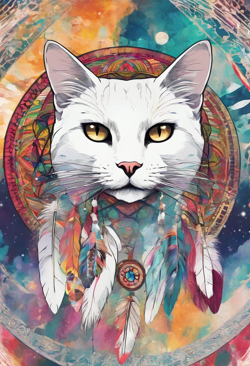 （White cat in the circle of colorful dream catchers），"T-shirt design with circular silhouette of cat face, Crescent, and stars in the