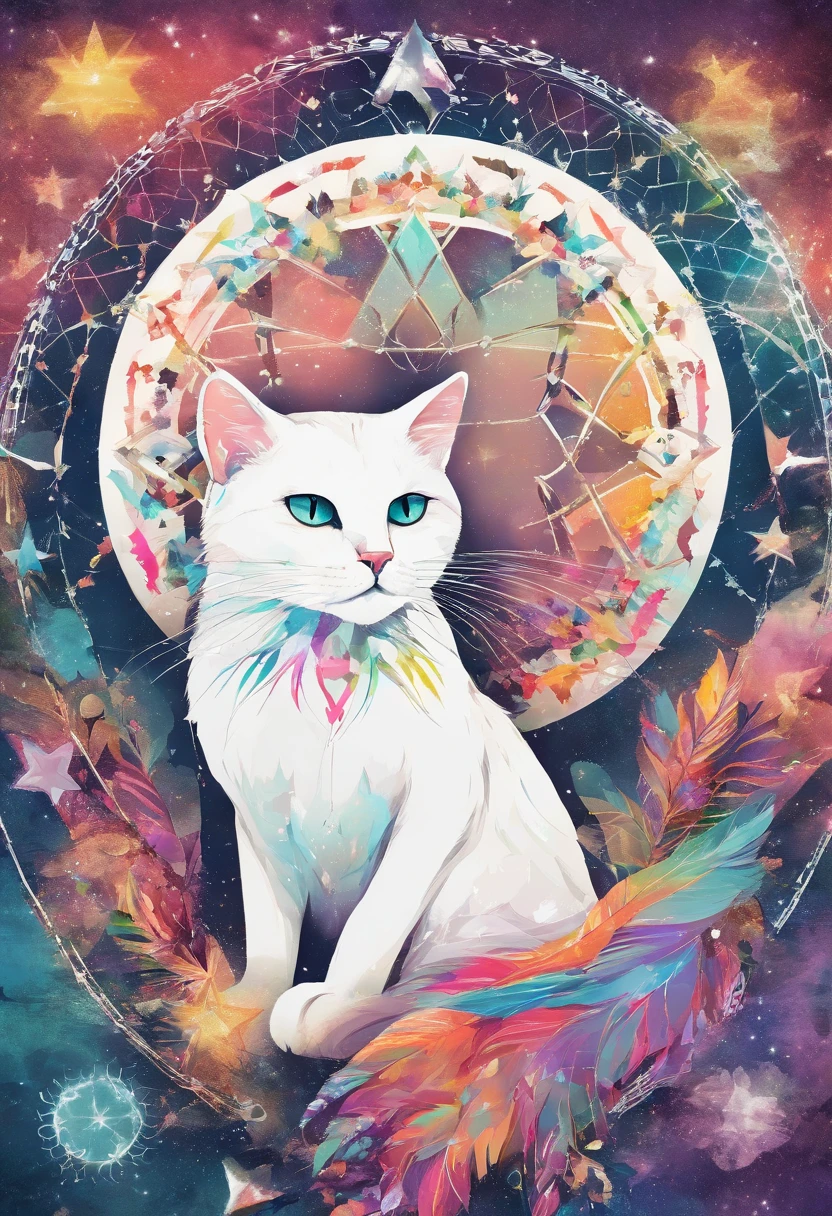 (White cat in the circle of colorful dream catchers),"T-shirt design with circular silhouette of cat face, Crescent, and stars in the