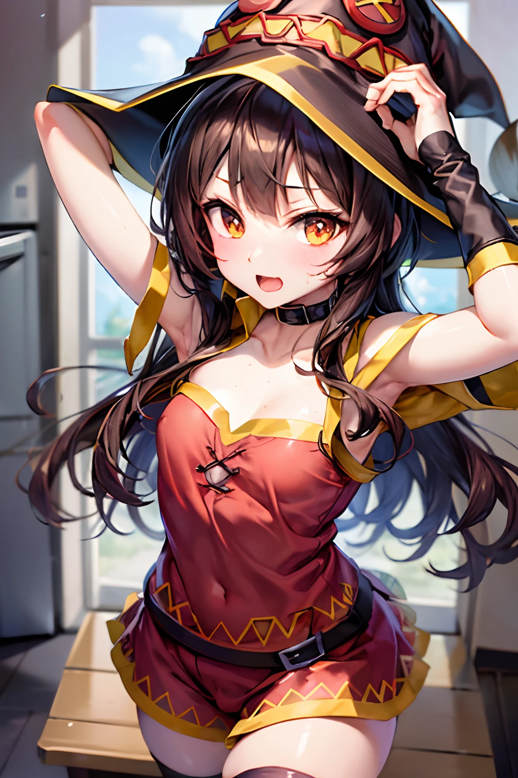 master part, best quality, Megumin wearing a wizard's hat, estilo simples, intimate, sem roupas, corada, envergonhada, Megumin pelada, sem vestimentas, sem peitos, peitos pequenos, NSFW,  Lisa, corpo magro, Megumin sexo, Pose sexy, melhor qualidade, sexo com Megumin, penetration, pose sexual