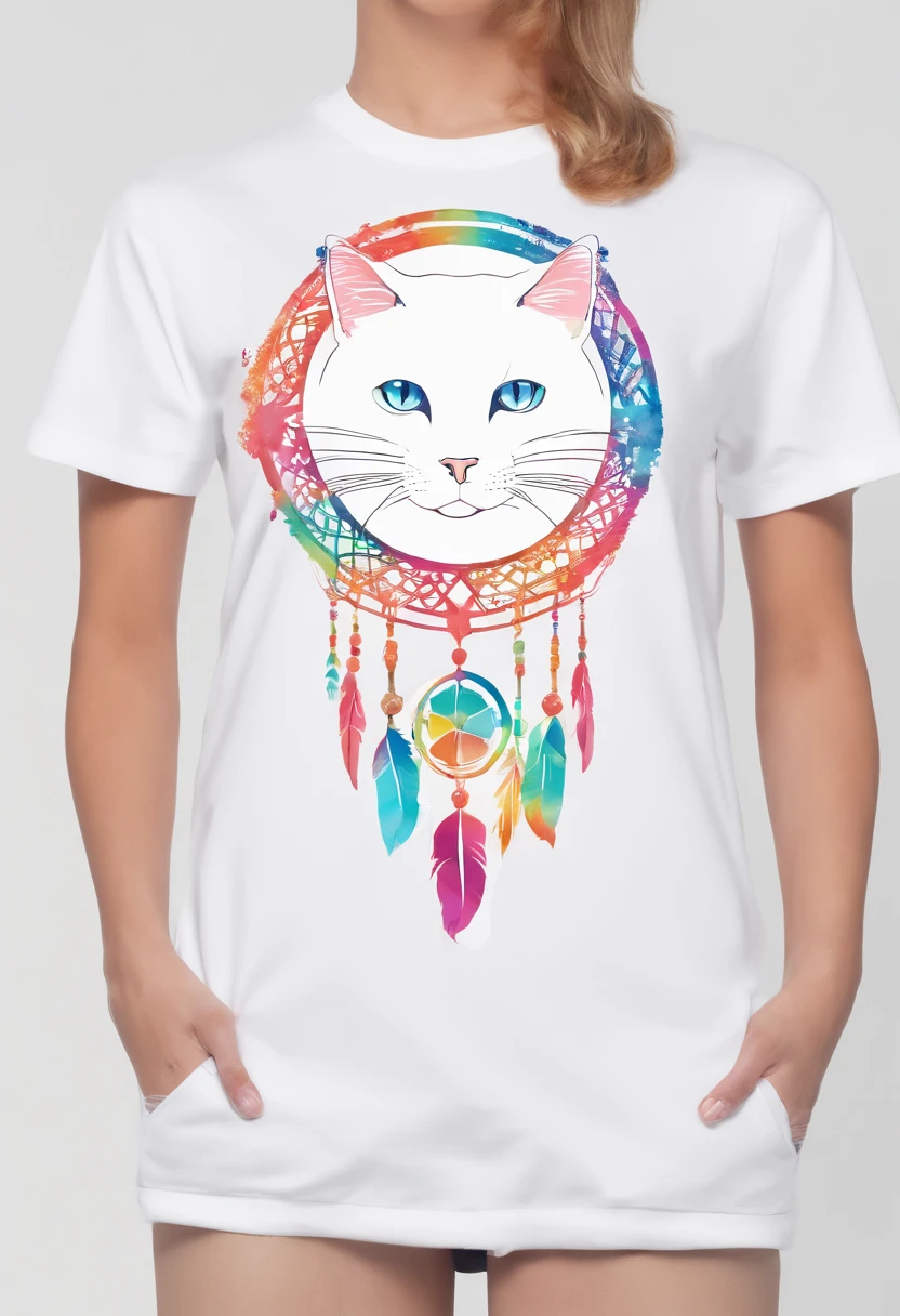 (White cat in the circle of colorful dream catchers),"T-shirt design with circular silhouette of cat face, Crescent, and stars in the