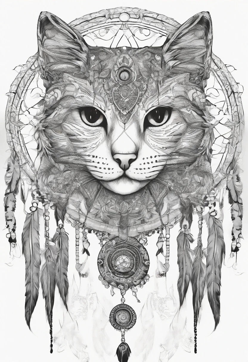 (White cat in the circle of colorful dream catchers),"T-shirt design with circular silhouette of cat face, Crescent, and stars in the