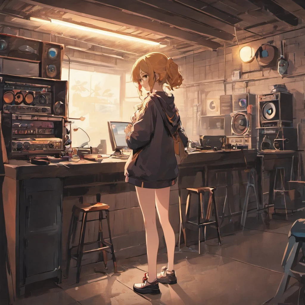 Faraway view、Old garage、Retro DJ equipment、Vinyl、Big speakers、vinyl、 Hand painted carton style, Clean Vector Digital Stickers,White background.
