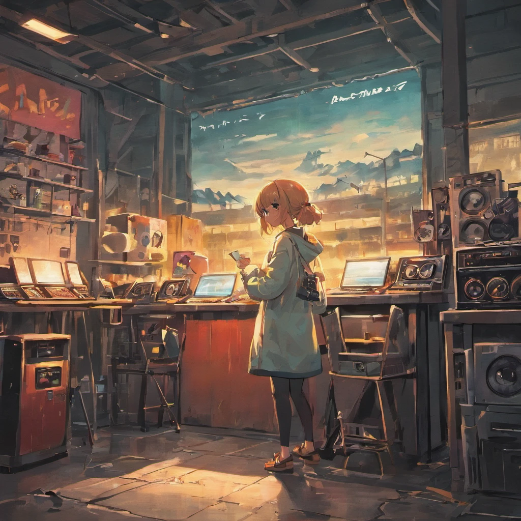 Faraway view、Old garage、Retro DJ equipment、Vinyl、Big speakers、vinyl、 Hand painted carton style, Clean Vector Digital Stickers,White background.