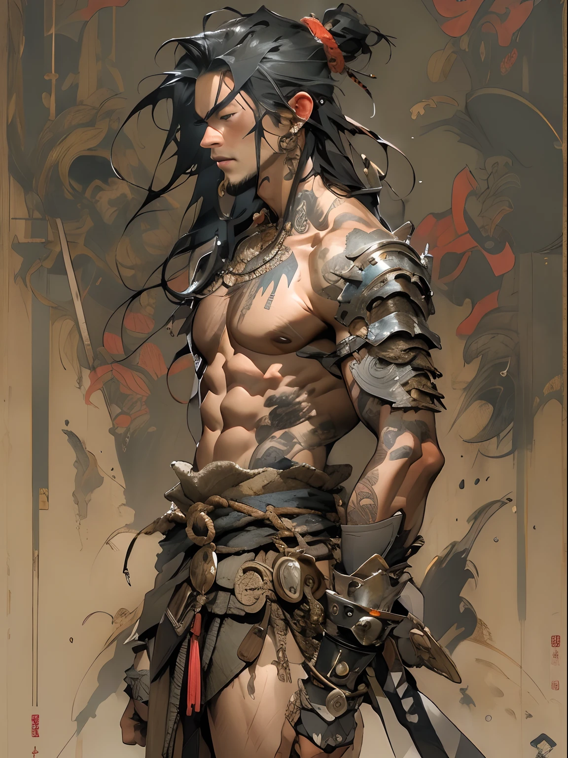 (((mtu))), (((best qualityer))), (((tmasterpiece))), (((AS-Adult))), ((( Japanese ))), Look up from your knees, Handsome Asian samurai,perfect body figure, Modern samurai, ((( Asian))), Wear gloves on your hands,The left arm is made of steel and metal tips,Made of protective devices, The eyes are pulled, (( Appears below the chest )), (( Small dental floss )), Simon Bisley, Almost naked(Simon Bisley)Castle City Wilderness,For high-resolution posters, hair straight, Minimum clothing, armure (Crazy clothes ), Full of tips and rivets, tribal tattoos, (((full bodyesbian))), Straight brunette hair,Colored hair ends