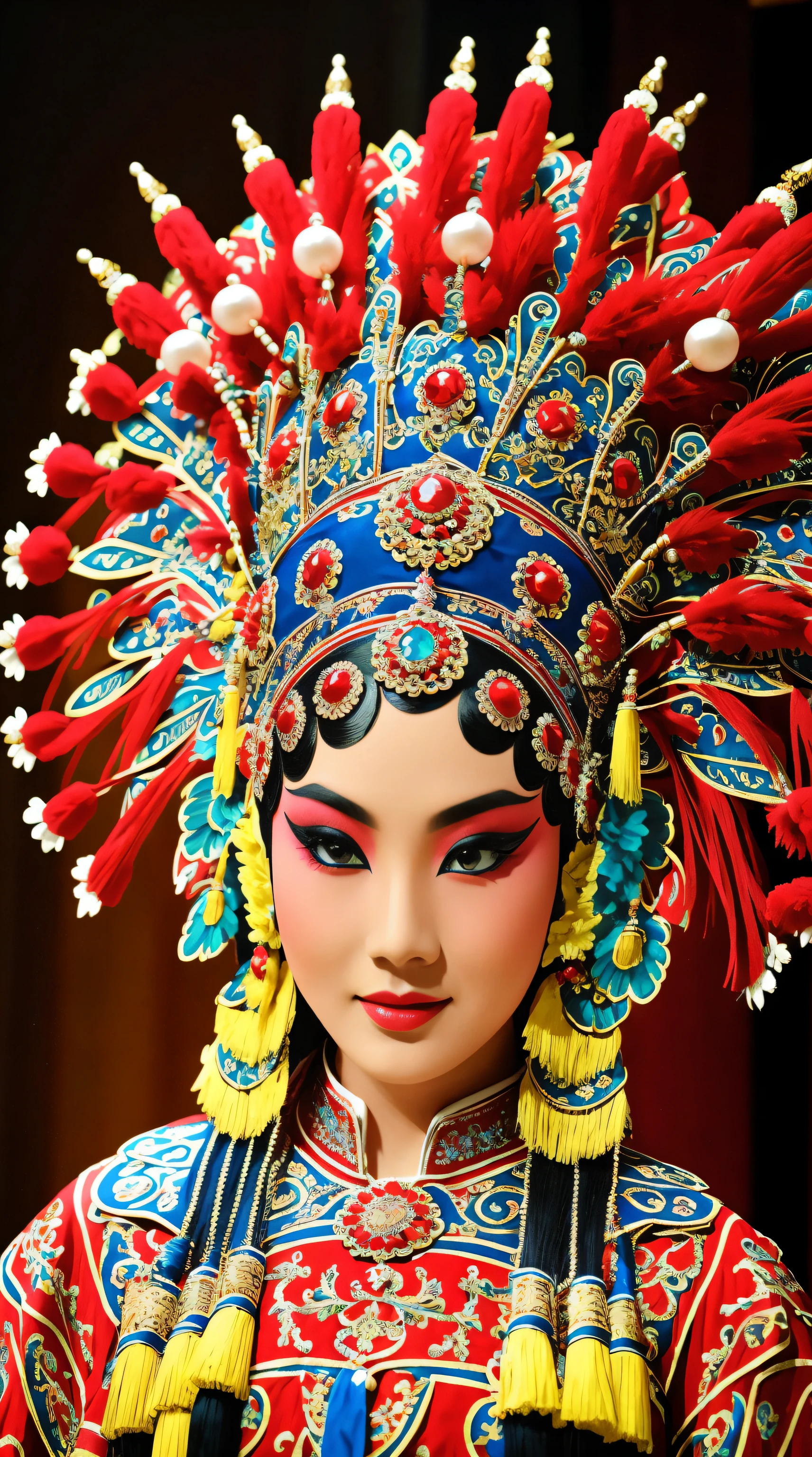 Beautiful detailed eyes, traditionalcostumes, Vivid colors, Dramatic lighting, Complex facial makeup, Delicate headgear, Elegant gestures, A gorgeous stage background, Decorative accessories