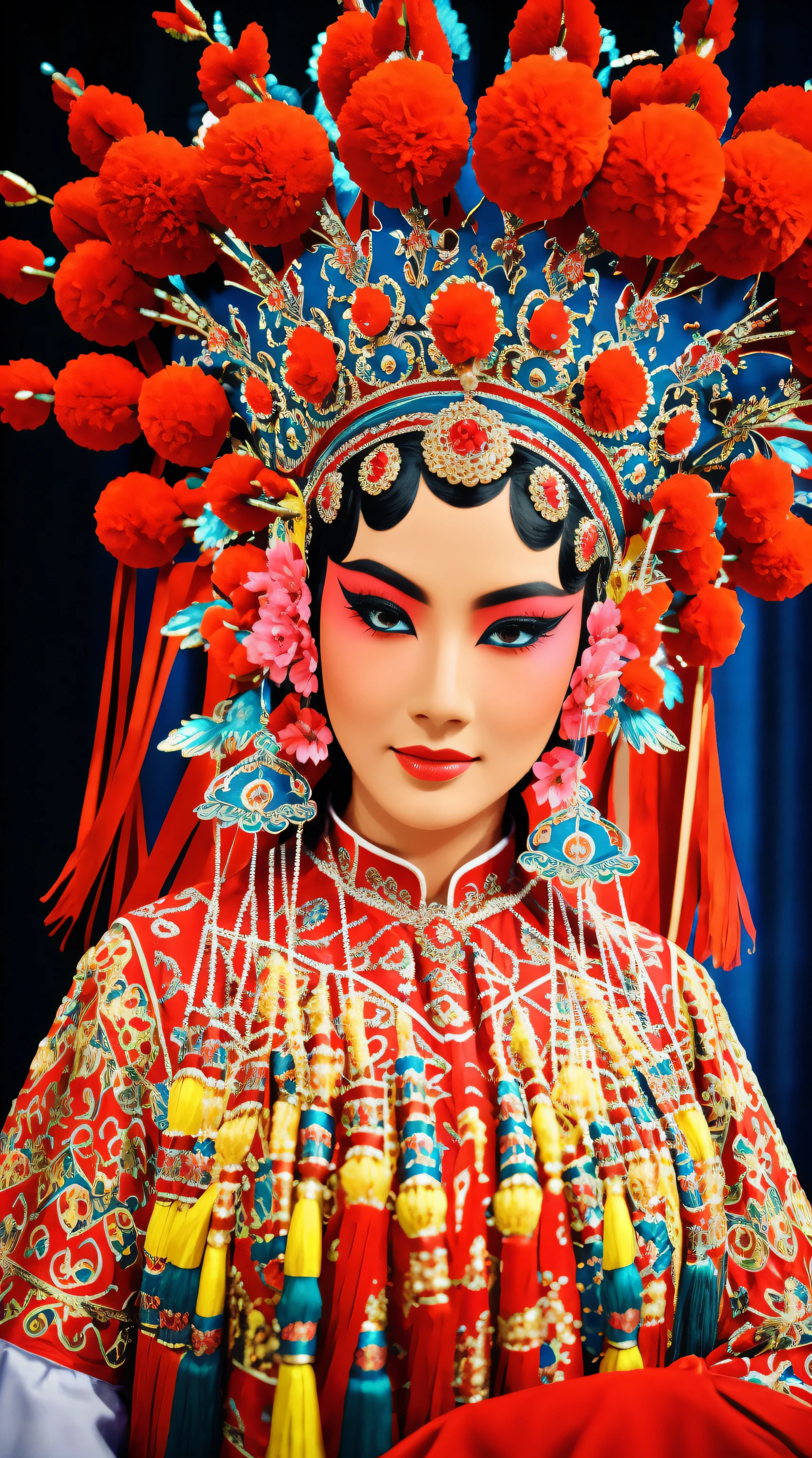Beautiful detailed eyes, traditionalcostumes, Vivid colors, Dramatic lighting, Complex facial makeup, Delicate headgear, Elegant gestures, A gorgeous stage background, Decorative accessories