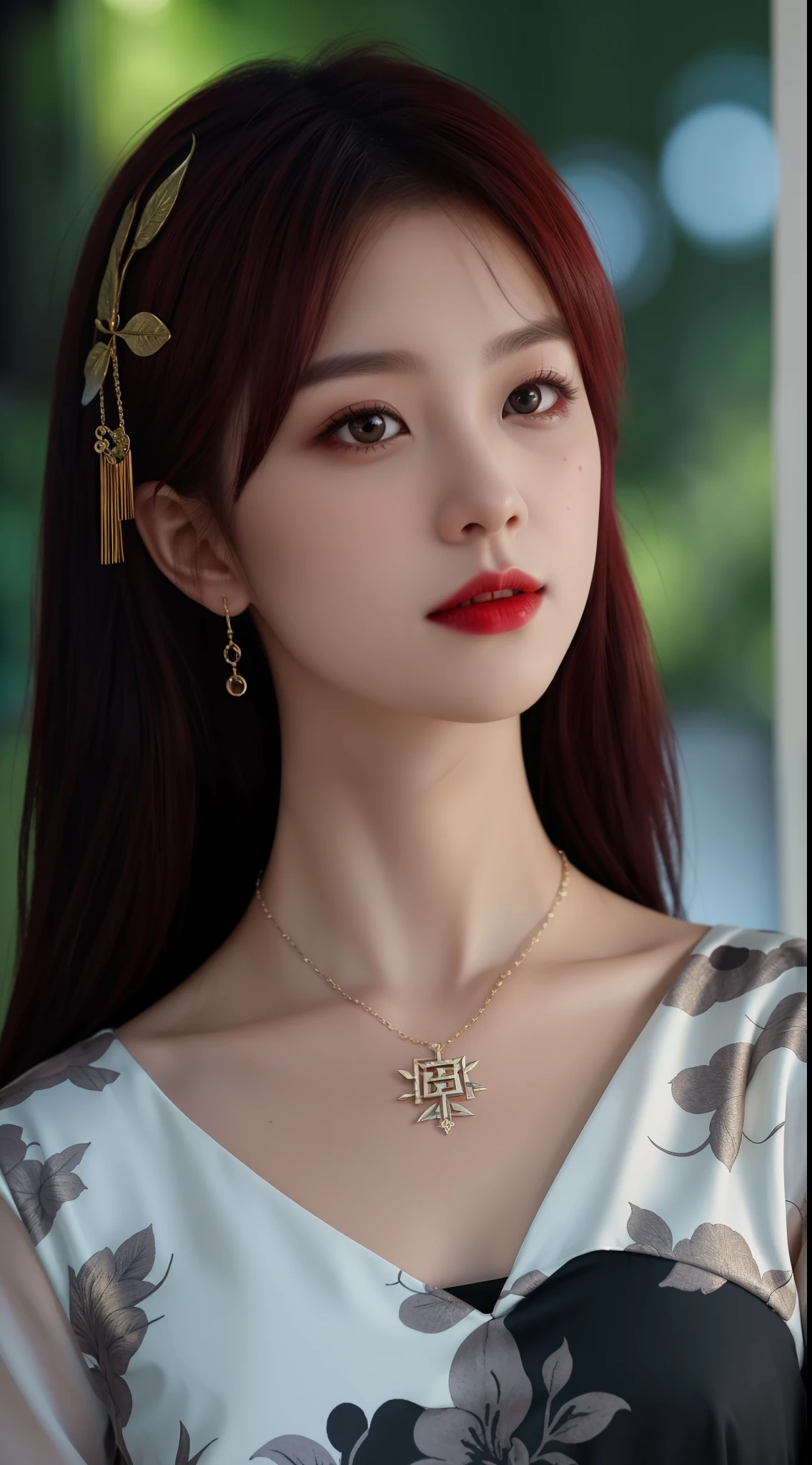 Vampire, Best Quality, Masterpiece, Higirl, Chinese Dress, Red Hair, Hair Accessories, Necklace, Jewelry, Pretty Face, upon_body, Tyndall Effect, Photo Realism, Shadow Studio, Edge Lighting, Two-Color Lighting, (HD Detail Skin: 1.2), 8K, DSLR, Soft Light Lighting, High Quality, Volume Lighting, Voy Shot, High Resolution, 4K, Bokeh, Full Body