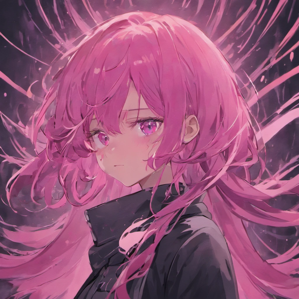 Pink hair, Black inner hair, twintales, One girl, Pink eyes, black streaked hair