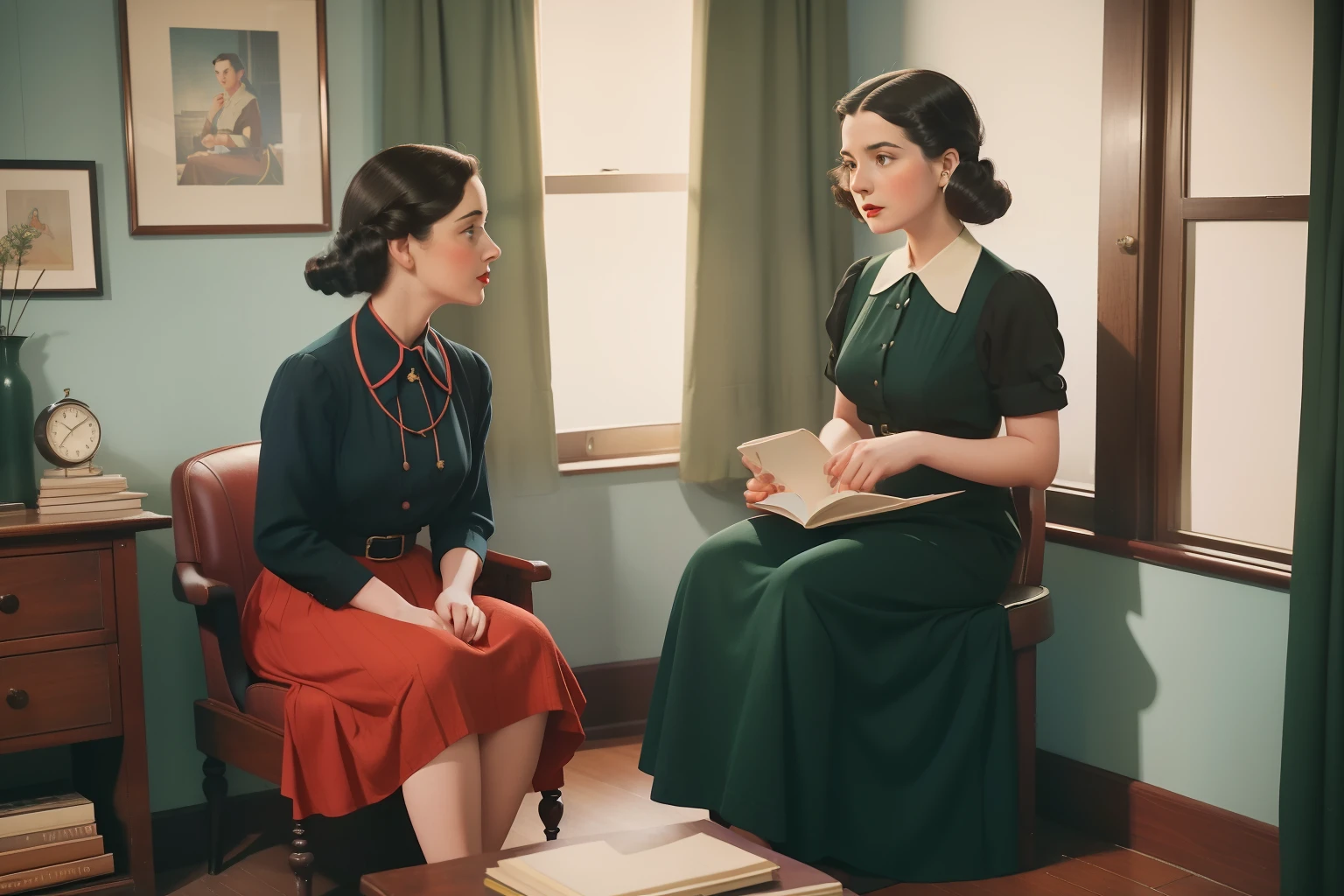 Year: 1946. Location: New York. ((wide view)), pre-raphaelite young woman with black hair, arguing with her old grandmother in a tiny apartment, ((1940s colorful modern clothes)) knee-lrngth dress, ((1940s hairstyle)) ((in the style of "OMITB")) ((cinematic style))