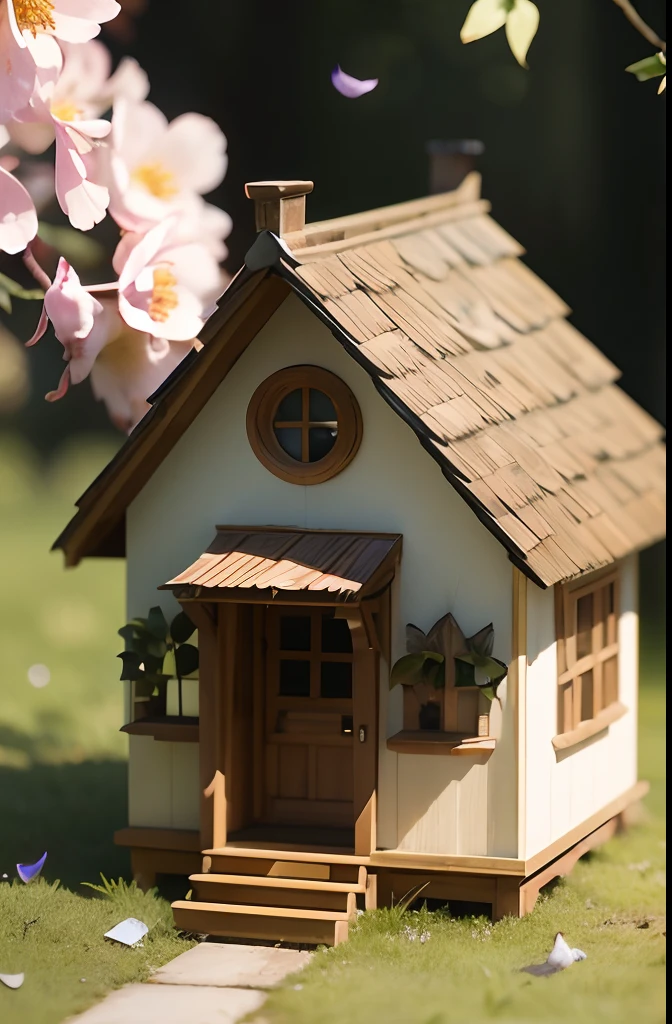 photoRealstic、on top of her head、Wearing a small house ornament large enough for a squirrel to live in、up of face、Eye Up、flower petals、A squirrel comes out of a model of a house