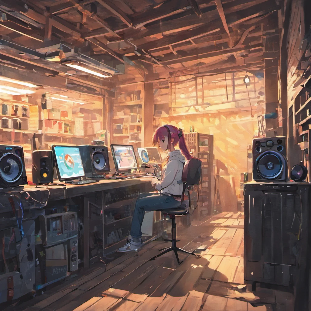 Faraway view、Old garage、Lots of retro DJ equipment、Vinyl、Big speakers、head phone、vinyl、 Hand painted carton style, Clean Vector Digital Stickers,White background.