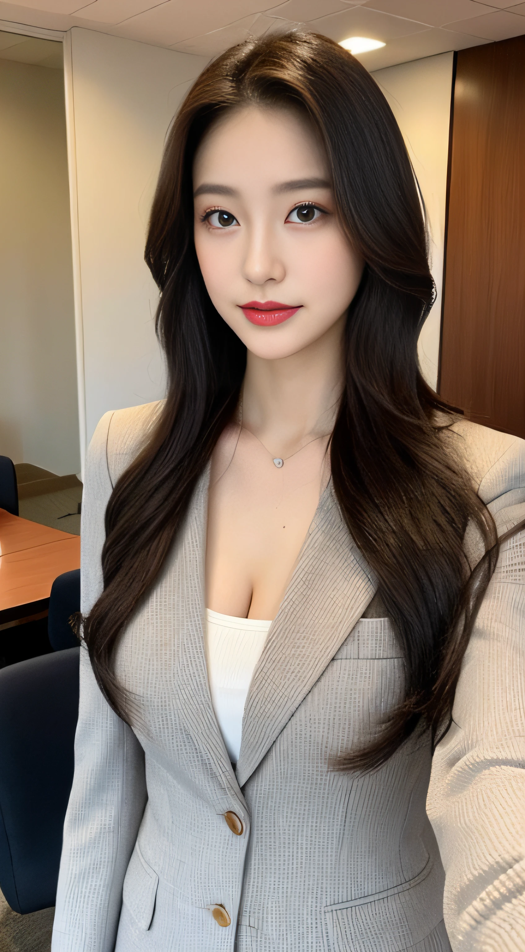 1 girl in、（Photorealsitic、hight resolution：1.4）、full body Esbian（8K、Raw photography、top-quality、​masterpiece：1.2）、（realisitic、Photorealsitic） :1.37)、((de pele branca:1.2)、Colossal tits、20 years girl、独奏、Viewer's Perspective、(Middle hair:1.5)、Planes、airport、Stewardess uniform、formal jackets、realisitic、(​masterpiece:1.4)、(top-quality:1.4)、(glowy skin)、A smile(skinny、Mouth closure、full of shyness:1.3)、The upper part of the body、