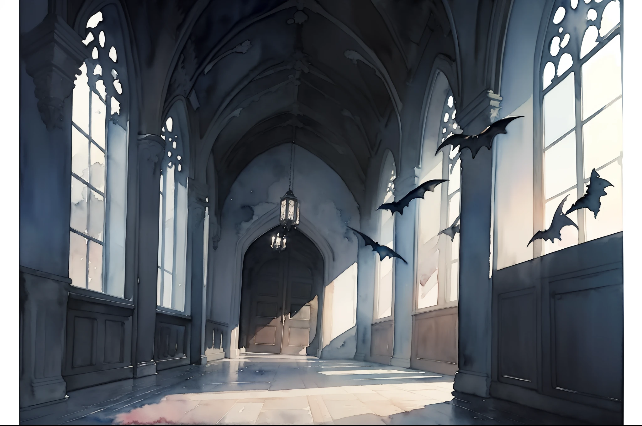 (watercolor paiting:1.4), Splatter Watercolor, Dark and eerie, White background, Fine Art, masutepiece, Super Detail, High quality, awardwinning, 8K, Bat, Fly with spread wings, In the halls of the castle, Gothic interior, On a stormy day, in night