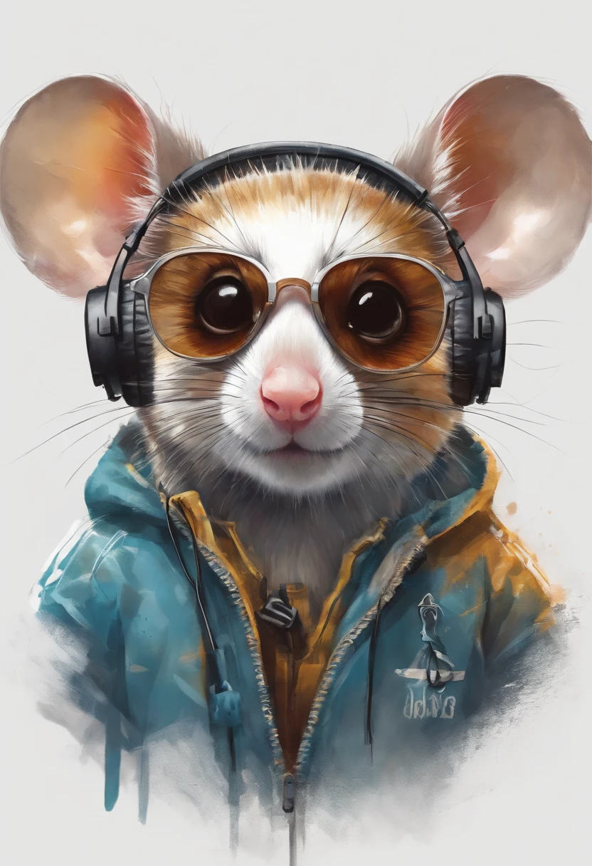 Perfect centering, Cute mouse, Wear a student team jacket, Wearing sunglasses, Wearing headphones, cheerfulness, Standing position, Abstract beauty, Centered, Looking at the camera, Facing the camera, nearing perfection, Dynamic, Highly detailed, smooth, Sharp focus, 8K, high definition resolution, illustration, Art by Carne Griffiths and Wadim Kashin, White background