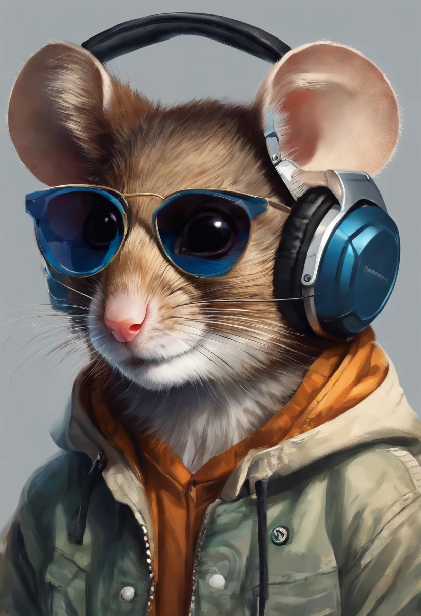 Perfect centering, Cute mouse, Wear a student team jacket, Wearing sunglasses, Wearing headphones, cheerfulness, Standing position, Abstract beauty, Centered, Looking at the camera, Facing the camera, nearing perfection, Dynamic, Highly detailed, smooth, Sharp focus, 8K, high definition resolution, illustration, Art by Carne Griffiths and Wadim Kashin, White background