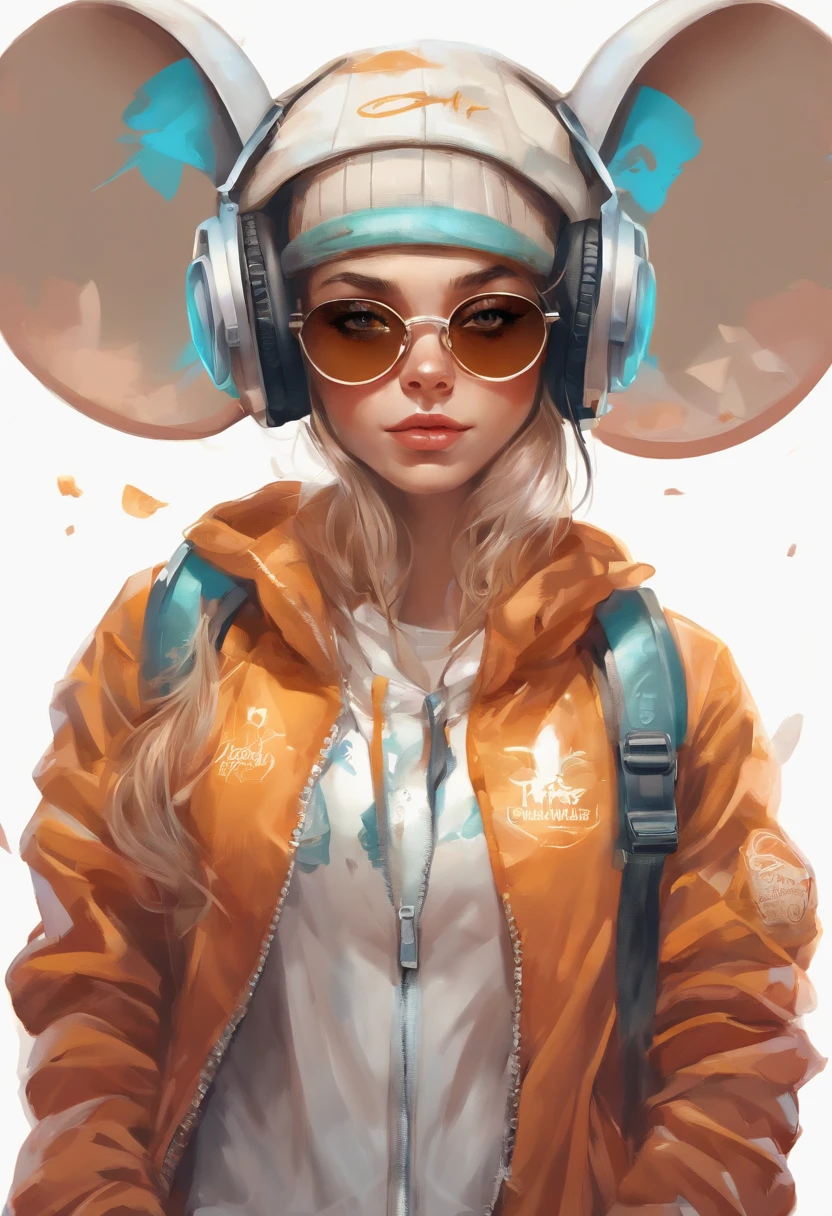 Perfect centering, Cute mouse, Wear a student team jacket, Wearing sunglasses, Wearing headphones, cheerfulness, Standing position, Abstract beauty, Centered, Looking at the camera, Facing the camera, nearing perfection, Dynamic, Highly detailed, smooth, Sharp focus, 8K, high definition resolution, illustration, Art by Carne Griffiths and Wadim Kashin, White background