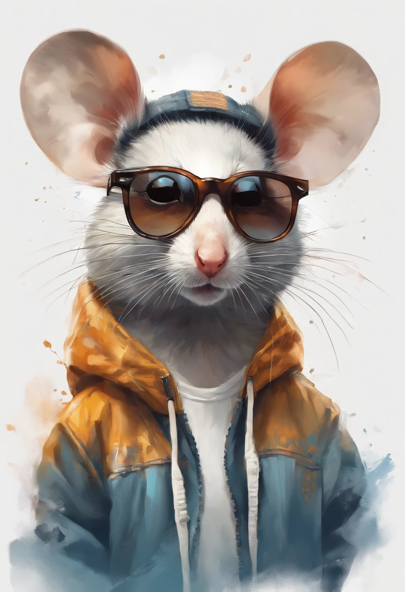 Perfect centering, Cute mouse, Wear a student team jacket, Wearing sunglasses, Wearing headphones, cheerfulness, Standing position, Abstract beauty, Centered, Looking at the camera, Facing the camera, nearing perfection, Dynamic, Highly detailed, smooth, Sharp focus, 8K, high definition resolution, illustration, Art by Carne Griffiths and Wadim Kashin, White background