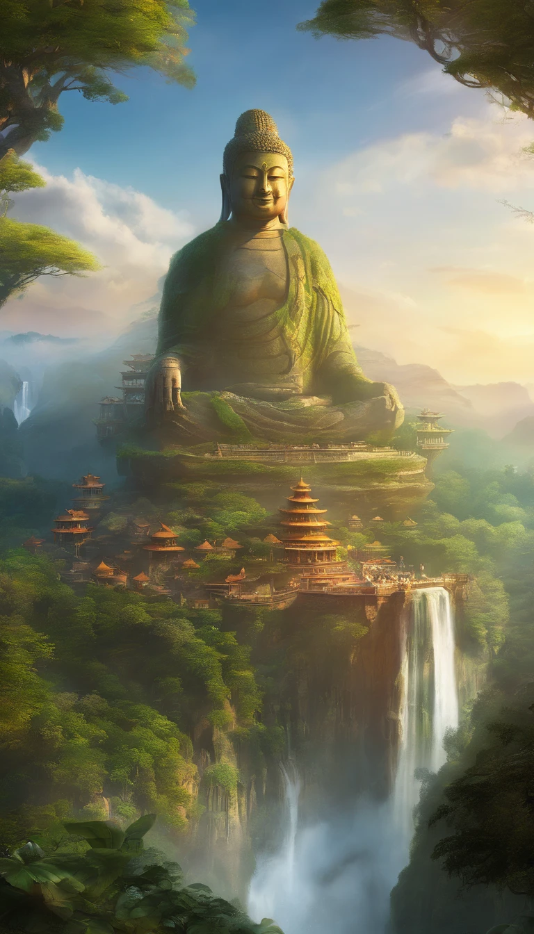 A giant, Realistic depiction of Leshan Buddha, Blend seamlessly with nature, surrealism, Ultra-detailed, Photorealistic:1.37, 3D rendering, Cinematic lighting, Divine light, Ultra-high definition, Masterpiece:1.2, Textured skin, Best quality, high resolution