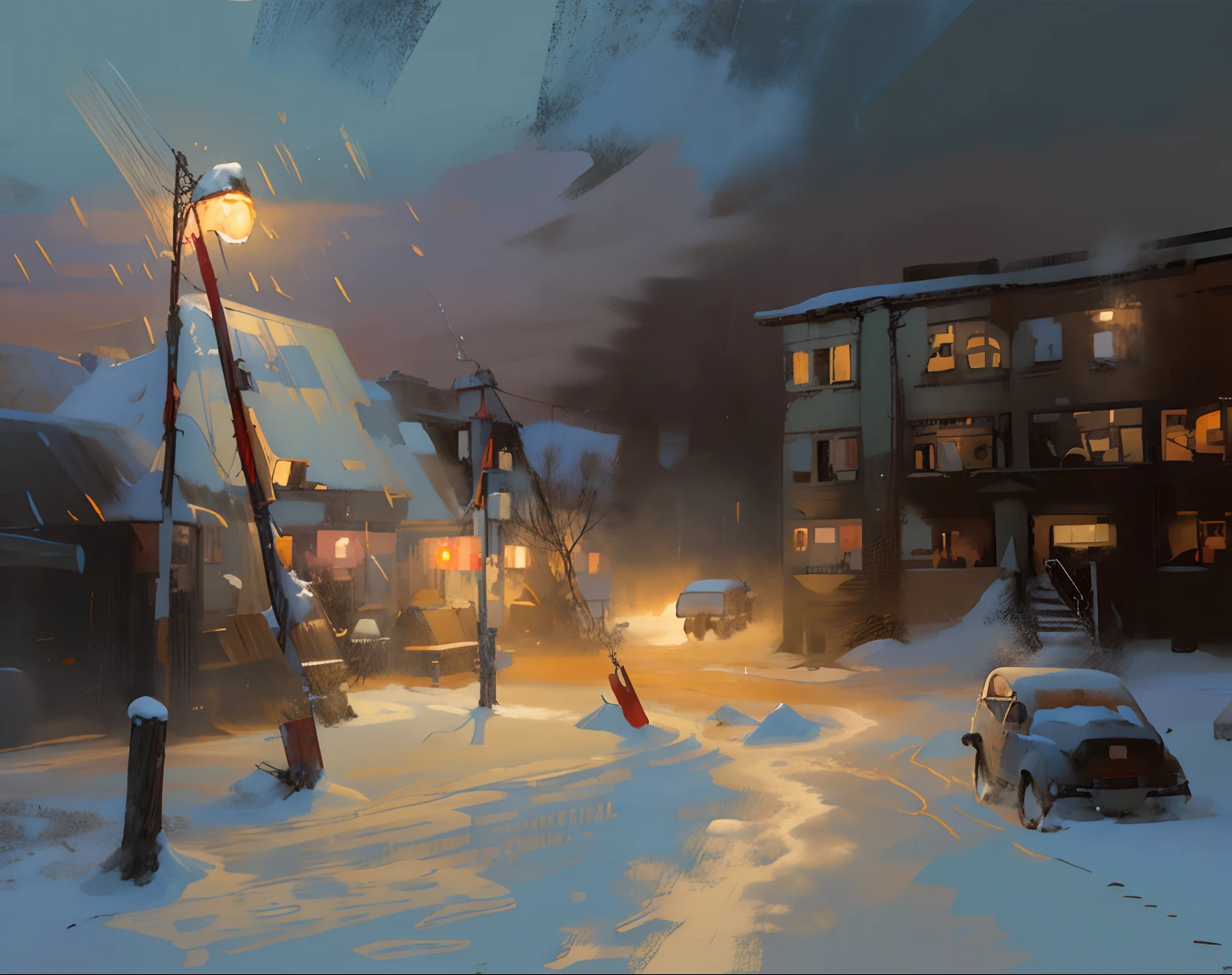 Painting the car, parked in the snow in front of the building, Snowfall at night, magical soviet town, inspired by Vasily Vereshchagin, based on Yuri Ivanovich Pimenov, Snowy Night, sergey vasnev, atmospheric cold lighting, Cold light soft painting, inspired by Igor Grabar, based on Mikhail Evstafiev