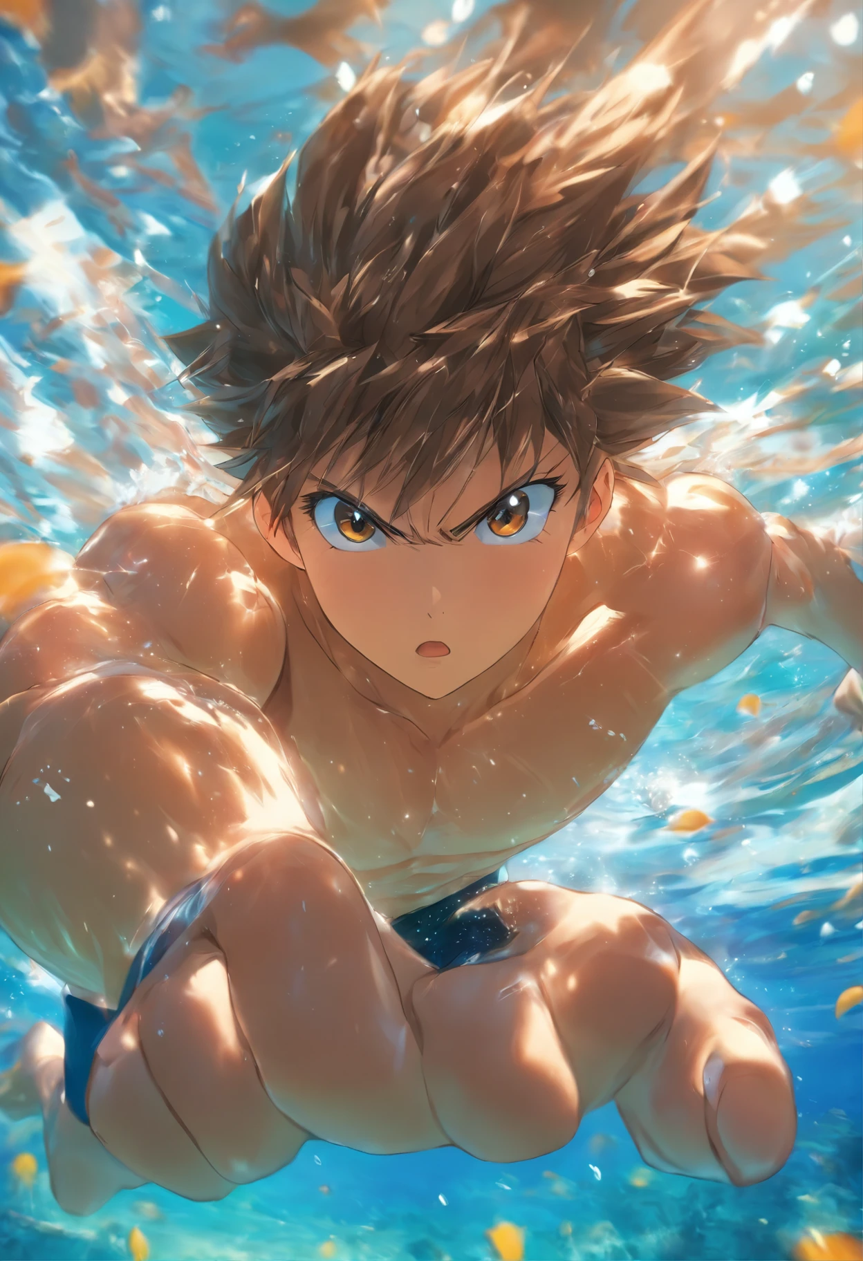 foreshortening, profundidade de campo, master part, best quality, 1 homem, brown hair, olhos castanhos, short hair underwater, bolha de ar, sozinho, Olhando para o Viewer, school school swimsuit, swimming, luz solar fraca,