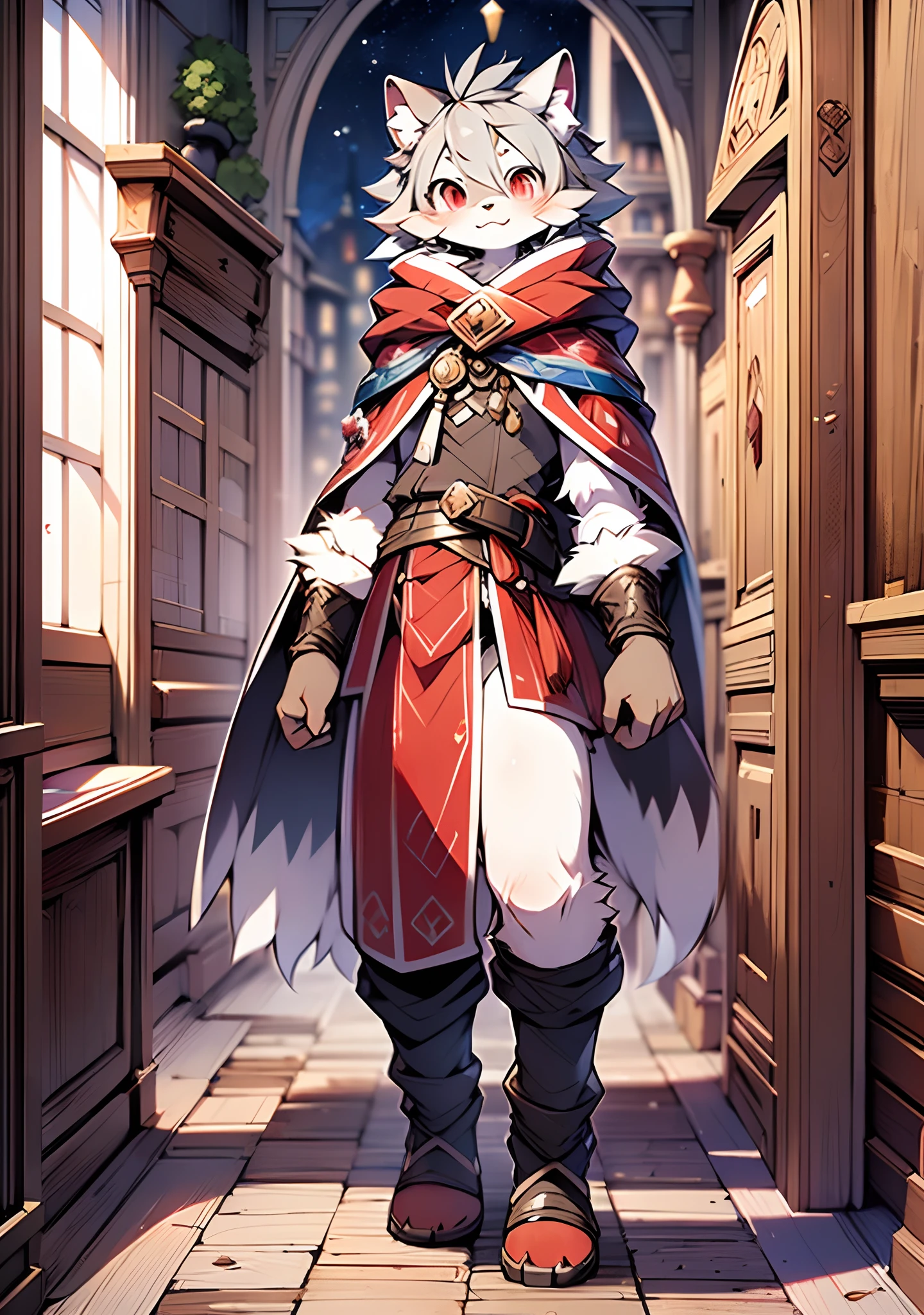 (dark environment:0.8),masterpiece, high quality, absurd res, digital painting \(artwork\), by dagasi, yupa,kiyosan,(anthro,fluffy fur,character focus:1.1),anthro male cat,short hair,portrait, bright eyes,panorama,character focus.(detailed background:0.7),solo,furry,furry male ,male focus,anthr,(Full body fur, fluffy tail, white fur,red eyes,gray hair:1.2),(long canines,vampire, cape:1.2),(interior,night, castle, coffin:1.1)