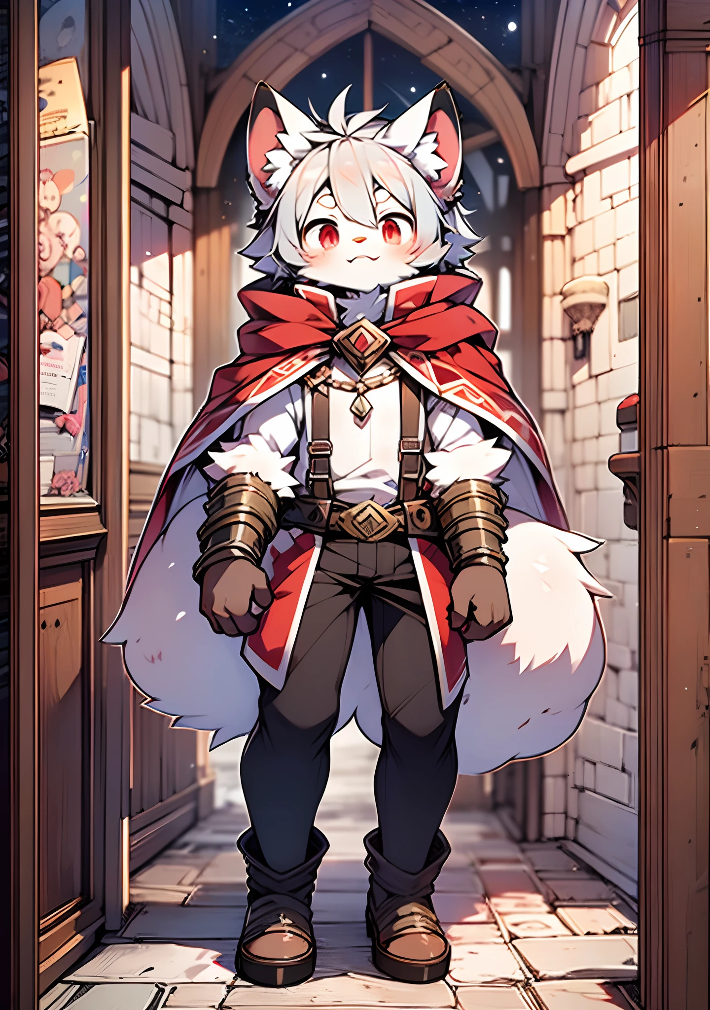 (dark environment:0.8),masterpiece, high quality, absurd res, digital painting \(artwork\), by dagasi, yupa,kiyosan,(anthro,fluffy fur,character focus:1.1),anthro male cat,short hair,portrait, bright eyes,panorama,character focus.(detailed background:0.7),solo,furry,furry male ,male focus,anthr,(Full body fur, fluffy tail, white fur,red eyes,gray hair:1.2),(long canines,vampire, cape:1.2),(interior,night, castle, coffin:1.1)