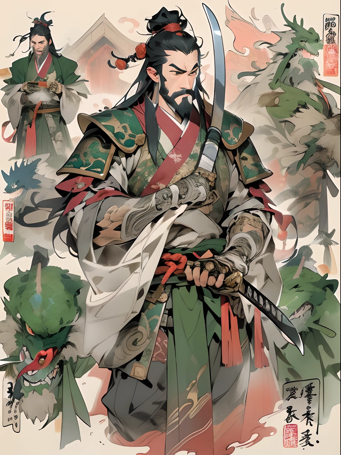 (((China-style,Ink painting method,Half-length portrait,Intense color,Han dynasty, China,Hanfu,Armor,Guan yu,Guan Yunchang,of a guy,Ruddy killing square face,Hold the Blue Dragon Moon Knife in his right hand,Stroke your beard with your left hand,Long hair,petty eyes,Green robe))), (((best qualityer))), (((tmasterpiece))), (((AS-Adult))), ((( Japanese ))), Look up from your knees, Handsome Asian samurai,perfect body figure, Modern samurai, ((( Asian))), Wear gloves on your hands,The left arm is made of steel and metal tips,Made of protective devices, The eyes are pulled, (( Appears below the chest )), (( Small dental floss )), Simon Bisley, Almost naked(Simon Bisley)Castle City Wilderness,For high-resolution posters, hair straight, Minimum clothing, armure (Crazy clothes ), Full of tips and rivets, tribal tattoos, (((full bodyesbian))), Straight brunette hair,Colored hair ends
