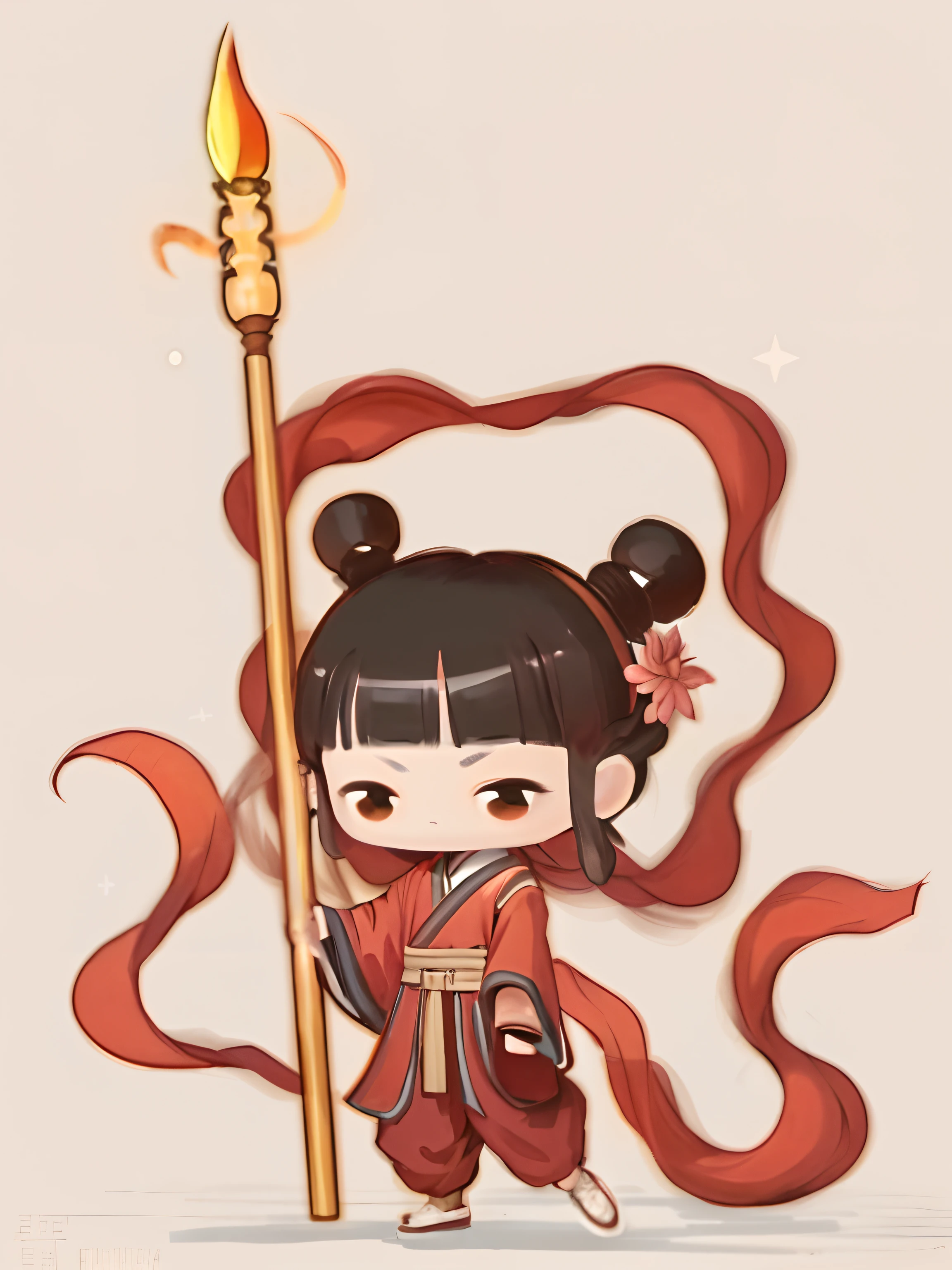 An IP image of a neutral cool ???, Ten years old, Black hair cold white skin ,Double ball head,Single phoenix eye, Lotus coat,Lantern wide leg trousers,Step on Hot Wheels,Personality is unbridled,Ancient Chinese mythological style, Similar to Nezha, 4K, High detail