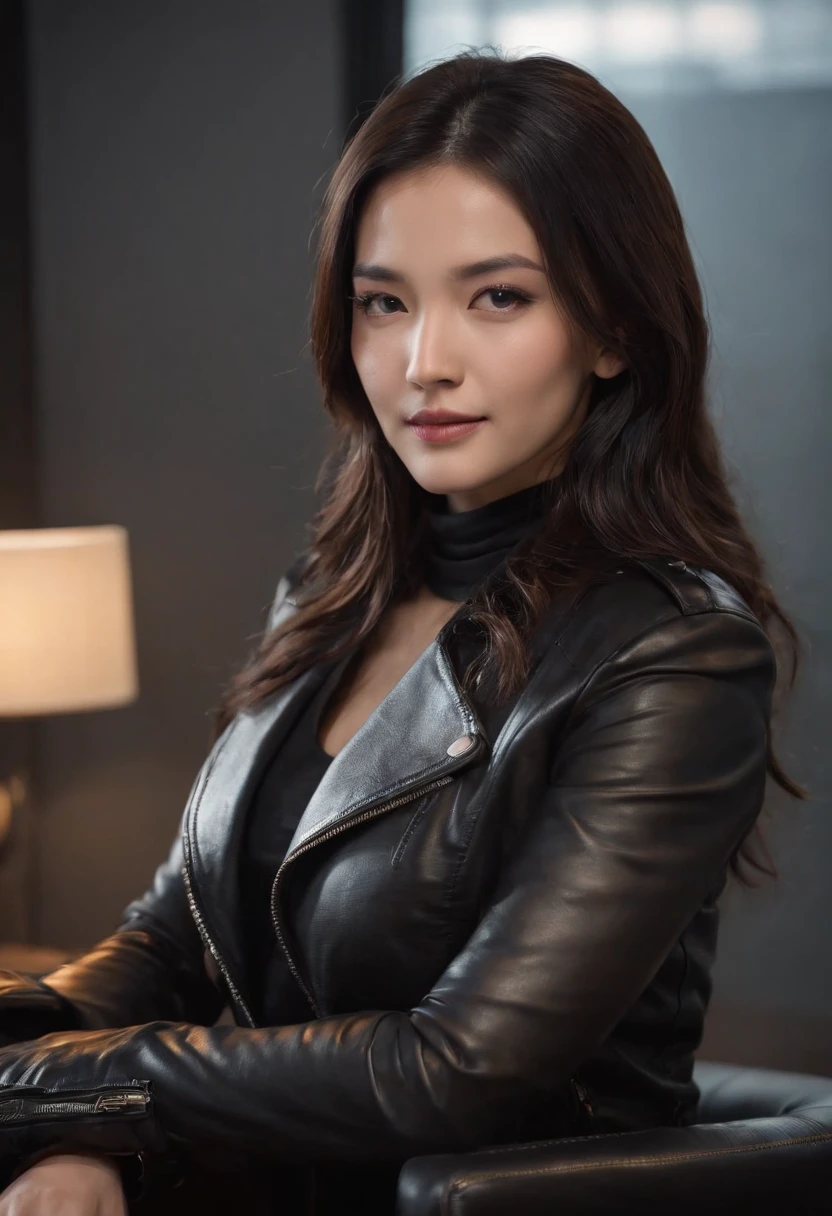 Black leather gloves are worn in both hands Upper body Black leather rider's jacket Black leather skinny pants Black leather long boots Necklace on the chest Smile at the desk in the modern study in the dark, long straight black hair Young Japanese woman (black leather gloves cover both hands) With the fingers of black leather gloves, sitting on a leather chair, working on the computer, staring at the screen