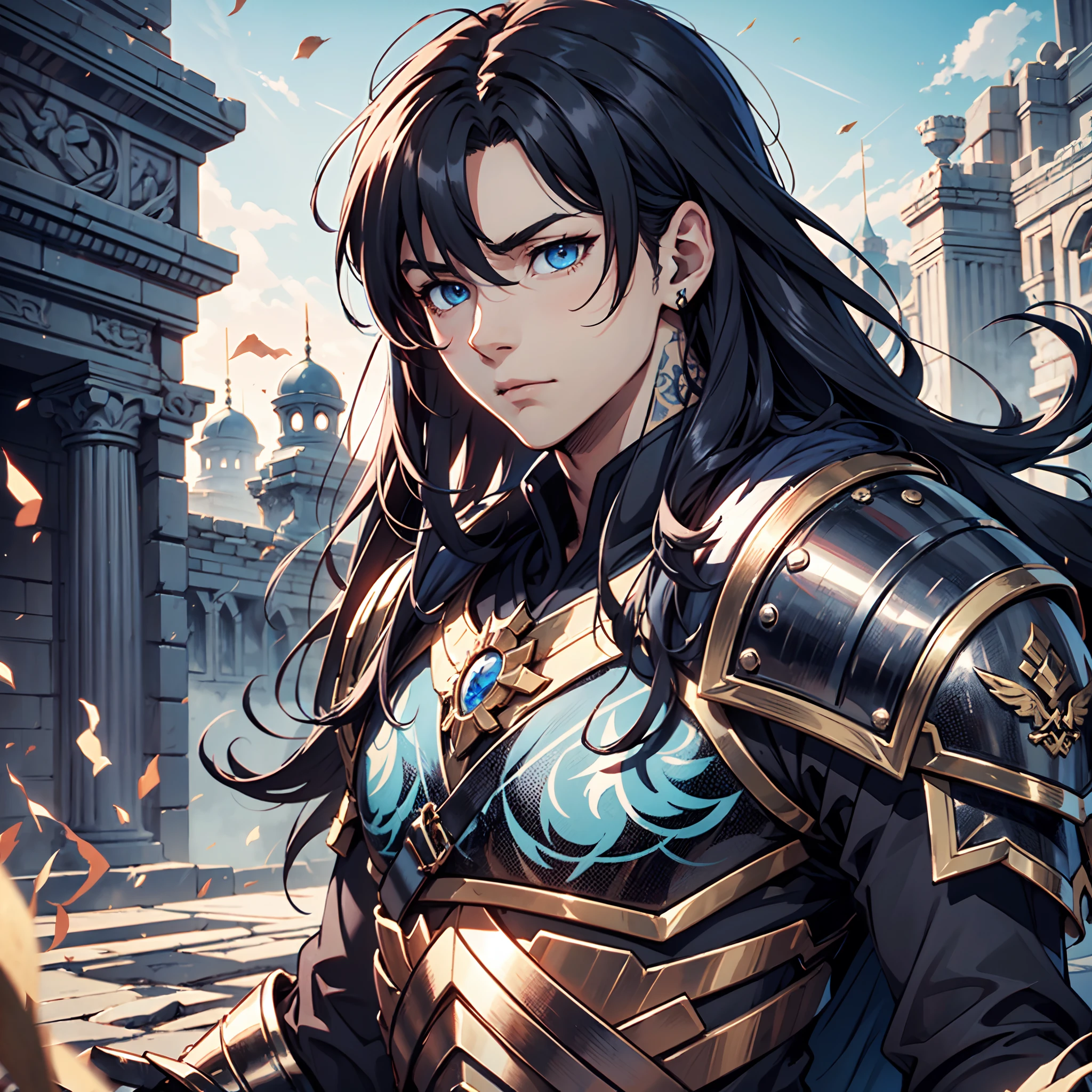 Ultra High Definition, Ultra High Quality, Extremely Detailed, Perfectly Detailed, Masterpiece, 8k, 1 Boy, Look A Like Xin From Kingdom Anime, Handsome, Equipped With All Solid Black Paladin Armor, Solid Light Blue Eyes, Long Red Hair, Body Shot, Ancient Kingdom Background