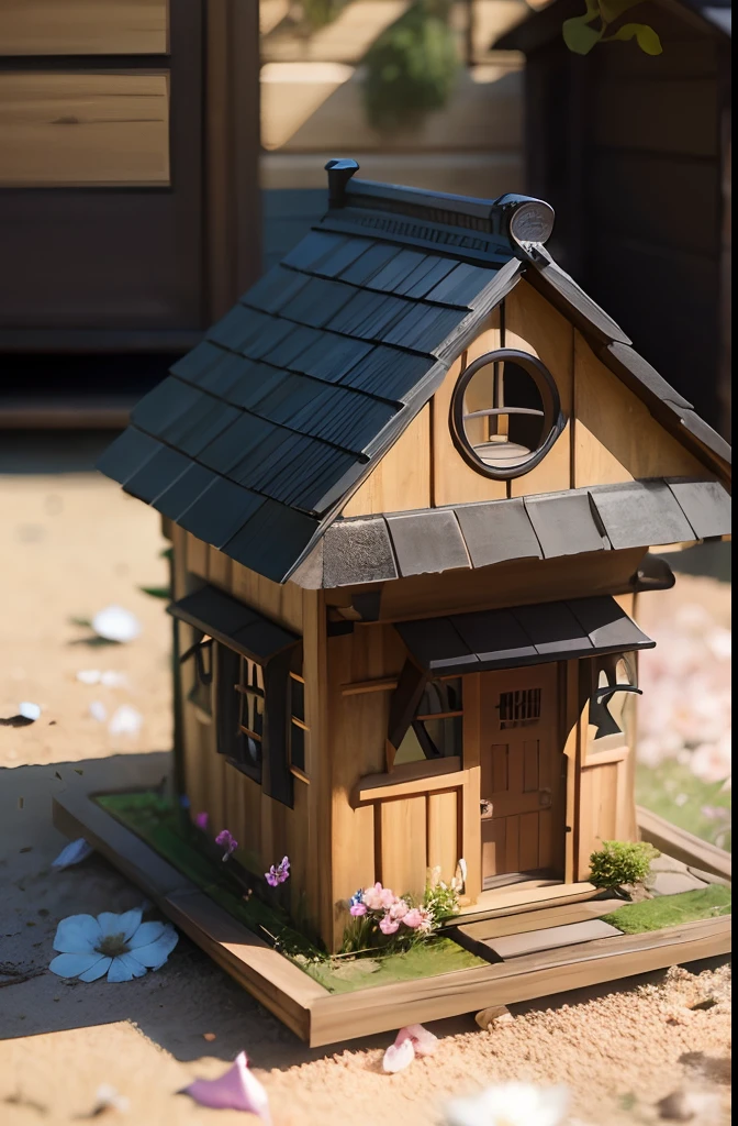photoRealstic、Wearing a small house model on his head、up of face、Eye Up、flower petals、A squirrel comes out of a model of a house