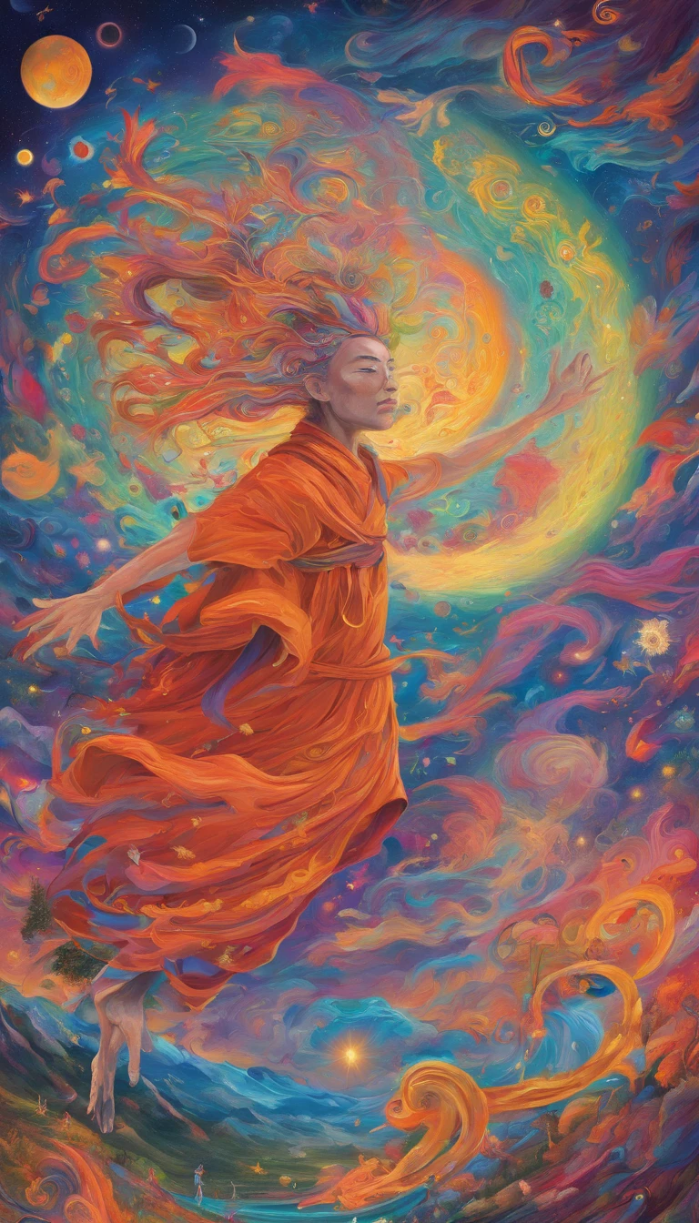 Masterpiece, Best quality, Ultra-detailed, illustration, 1 Buddhist monk, Solo, fantasy, Flying, broom, Night sky, Outdoors, magic, Spells, Moon, stars, Clouds, Wind, Cape, broom, Glowing, mysterious, Enchanting, Whimsical, Playful, Adventurous, Freedom, Wonder, imagination, Determination, skill, Speed, sport, energy, Realism, Naturalistic, Figurative, representational, Beauty, Fantasy culture, mito, Fairy tales, Folklore, legends, Witches, wizards, Magical creatures, fantasy world, composition, scale, foreground, Middle ground, Background, Perspective, Light, Color, Texture, detail, Beauty, Wonder.
