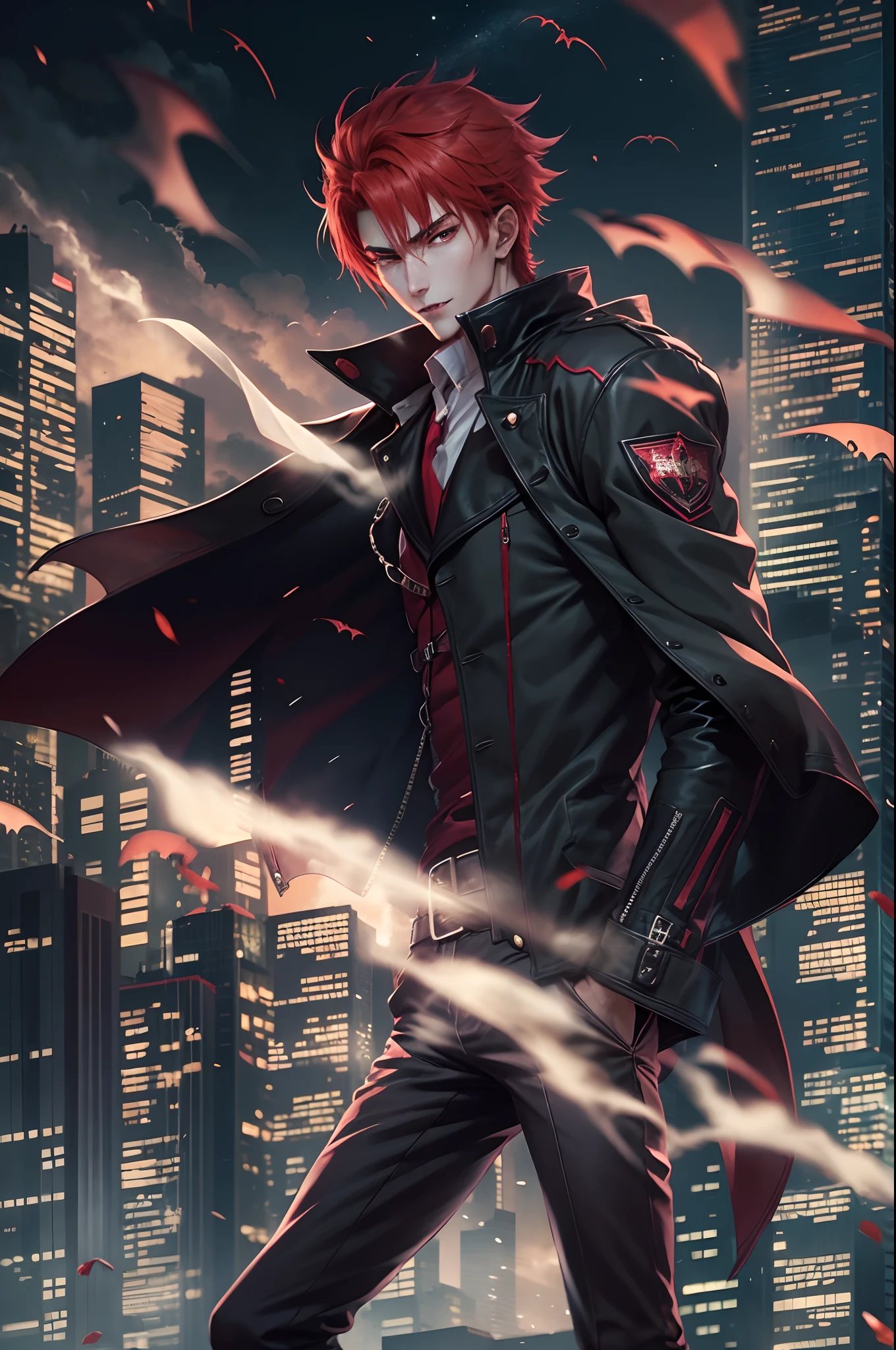 anime character with red hair and a black jacket, with red hair, anime handsome man, male anime character, 1boy, solo, suoh mikoto, k project, (((vampire))), insanity, malkavian, city in background, (night), smirk, cowboy shot, dynamic lighting