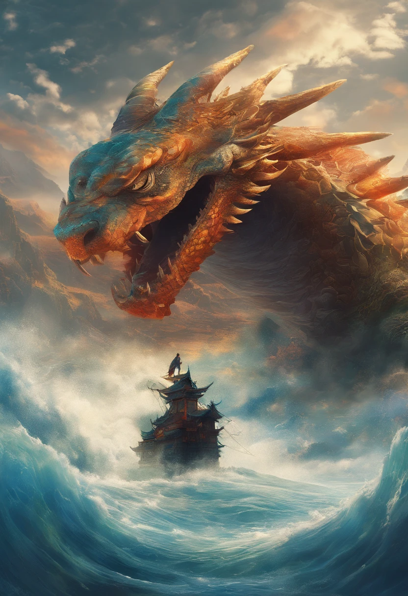 China-style，Chinese mythology，Dragon turtle，Longhorn faucet，Turtle body，Heavy tortoiseshell shell，The tail of the snake grows out，has horns on its head，tosen，Ferocious，gargantuan，The eyes glow blue light，the sea，Huge waves，surrounded by cloud，中景 the scene is，Full body like， highly detailed surreal vfx，oc rendered， - AR 16:9 --q 2 --s 1000