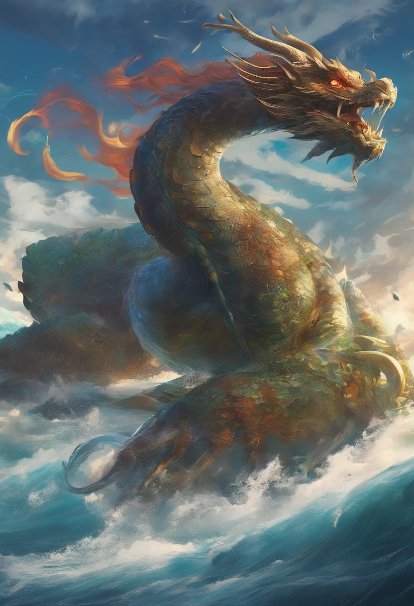 China-style,Chinese mythology,Dragon turtle,Longhorn faucet,Turtle body,Heavy tortoiseshell shell,The tail of the snake grows out,has horns on its head,tosen,Ferocious,gargantuan,The eyes glow blue light,the sea,Huge waves,surrounded by cloud,中景 the scene is,Full body like, highly detailed surreal vfx,oc rendered, - AR 16:9 --q 2 --s 1000