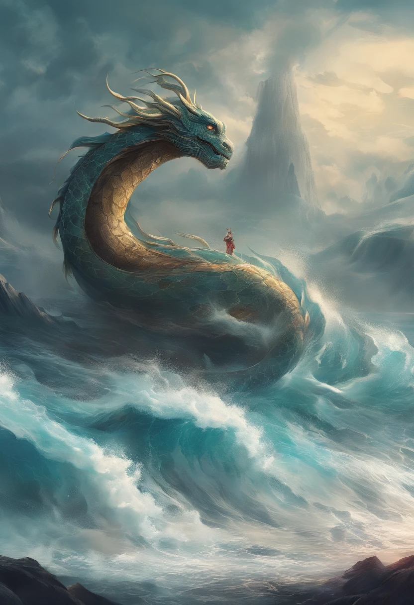 China-style，Chinese mythology，Dragon turtle，Longhorn faucet，Turtle body，Heavy tortoiseshell shell，The tail of the snake grows out，has horns on its head，tosen，Ferocious，gargantuan，The eyes glow blue light，the sea，Huge waves，surrounded by cloud，中景 the scene is，Full body like， highly detailed surreal vfx，oc rendered， - AR 16:9 --q 2 --s 1000