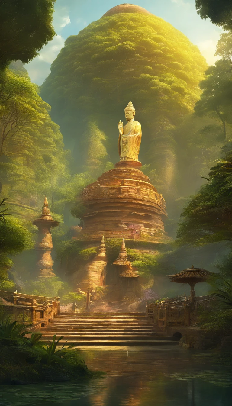 A giant, Realistic depiction of Leshan Buddha, Blend seamlessly with nature, surrealism, Ultra-detailed, Photorealistic:1.37, 3D rendering, Cinematic lighting, Divine light, Ultra-high definition, Masterpiece:1.2, Textured skin, Best quality, high resolution