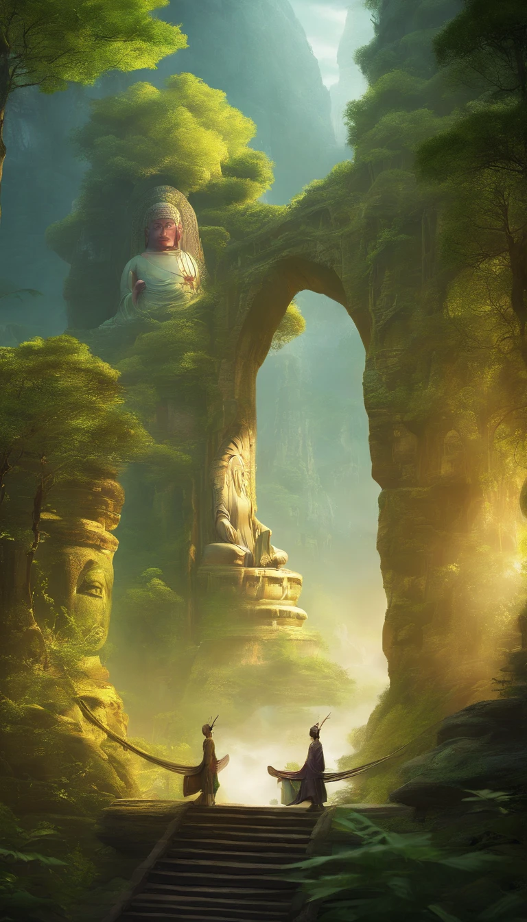 A giant, Realistic depiction of Leshan Buddha, Blend seamlessly with nature, surrealism, Ultra-detailed, Photorealistic:1.37, 3D rendering, Cinematic lighting, Divine light, Ultra-high definition, Masterpiece:1.2, Textured skin, Best quality, high resolution
