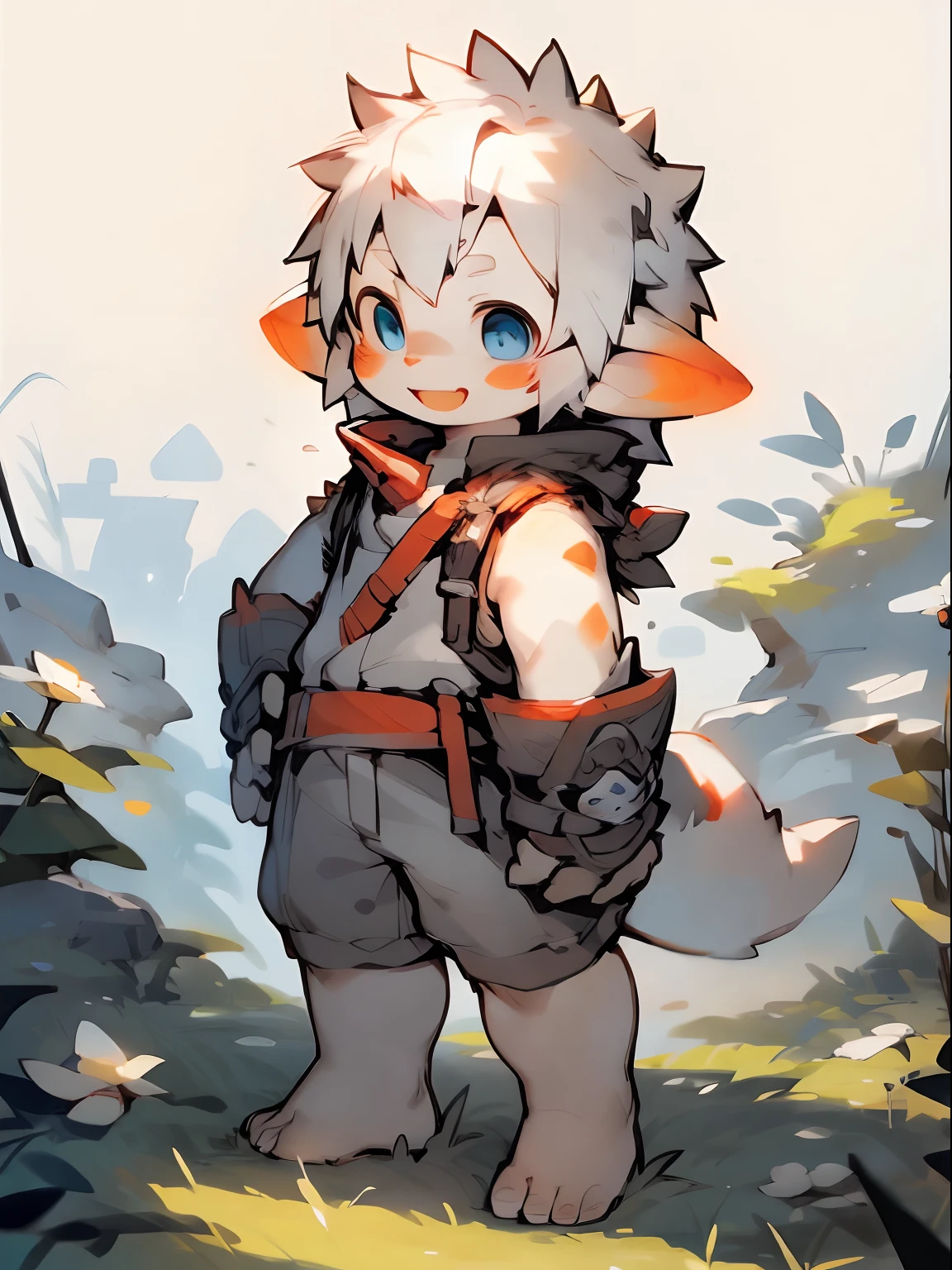 three fourths view，Shota，Black and white hair，toddlers，Blue eyes ， adolable， standing on your feet， Master masterpieces， A high resolution，8K，detailedbackground，high high quality，Libido boy，独奏，Dragon armor，grassy fields，White flowers，Happy expression，((lalafell))，solo person，(by puinkey,by Artista:1.2),(by unrealplace,by kuroisumi,by milkytiger1145,by moki,by emolga 1,by ovopack:1.2),(by cydonia xia:0.8),(by Pino Daeni:0.8),(by hioshiru:0.8),(by chunie:0.8).